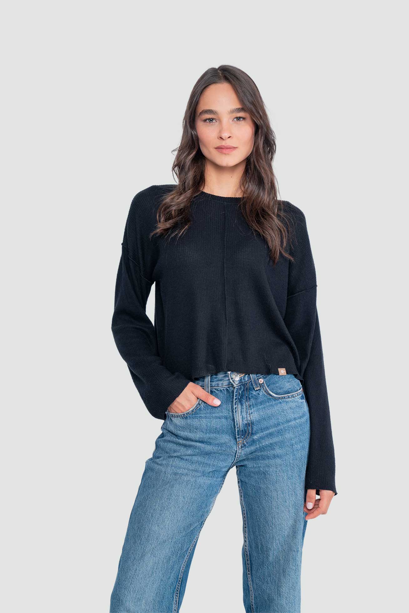 Polera Manga Larga Clásica Algodón Rib Mujer - Negra