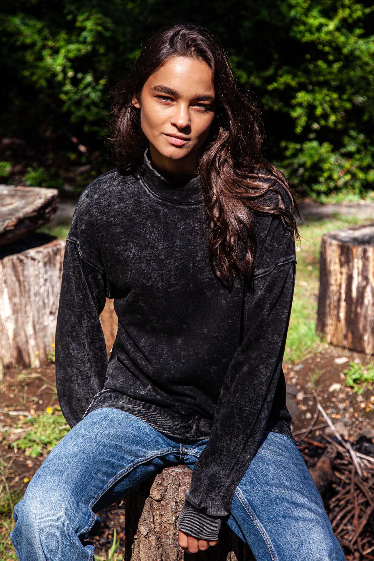 Polerón Cuello Redondo Algodón Mock Mujer - Negro Black