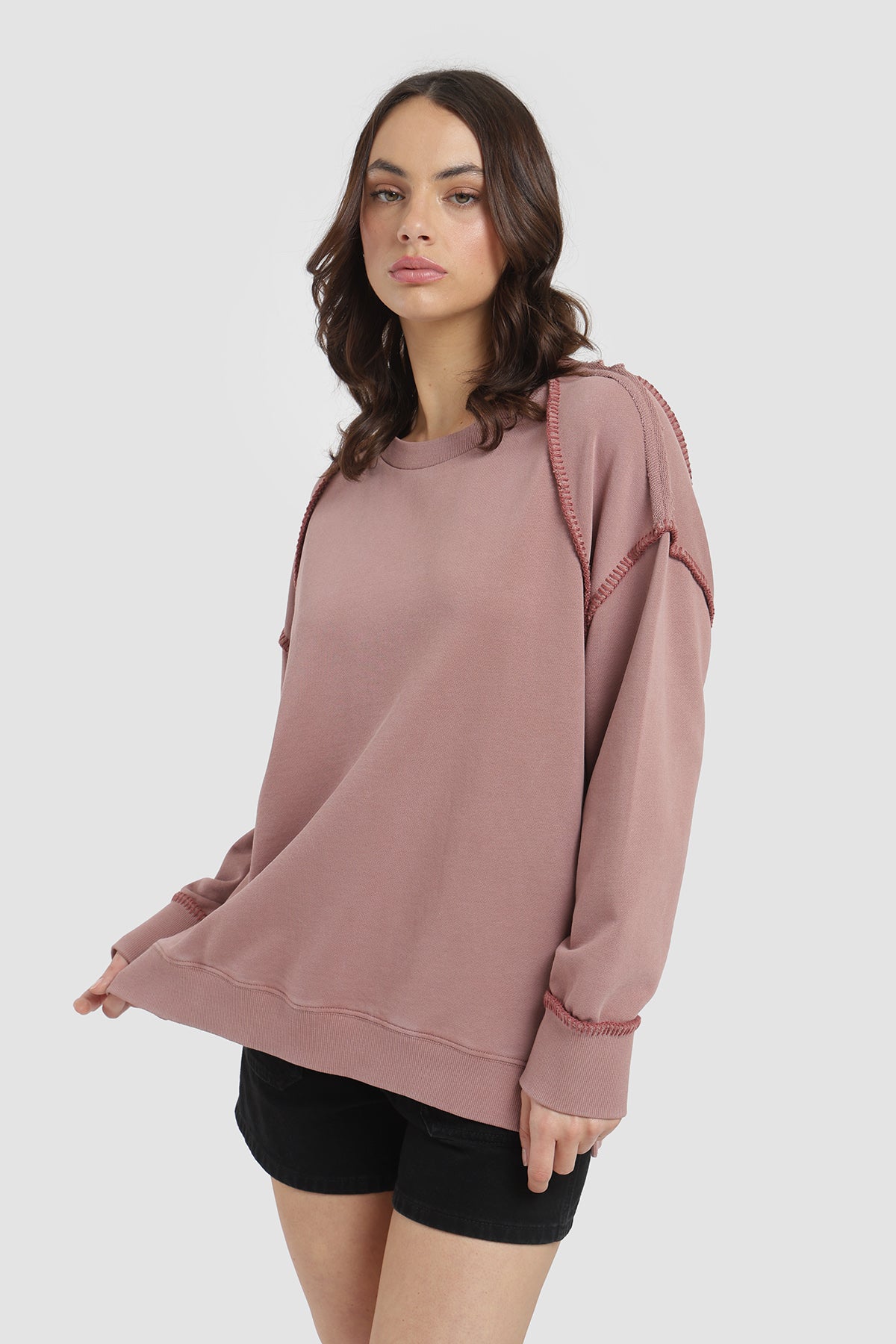 Polerón Crewneck Pespuntes Mujer - Malva
