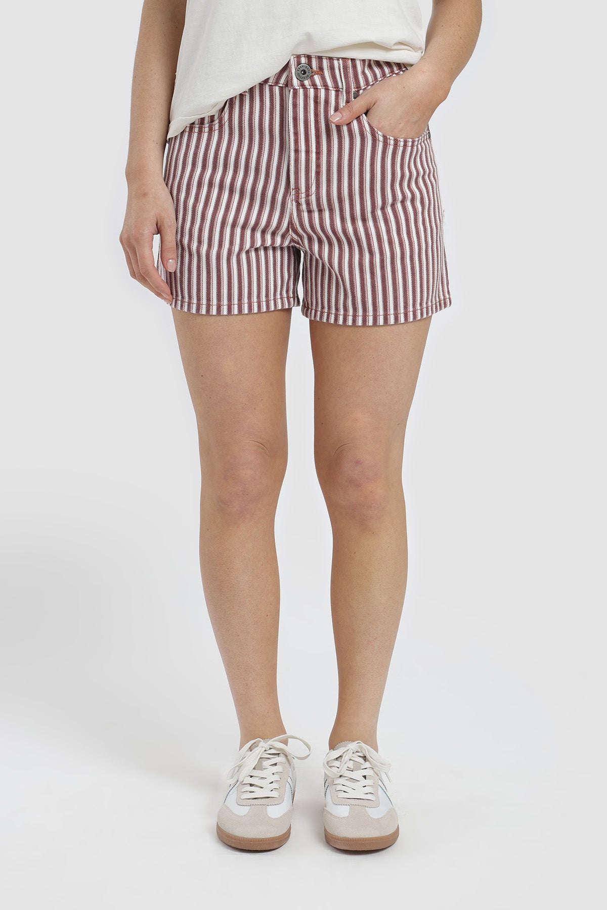 Short Botones Rayas Algodón Mujer - Negro Rojo