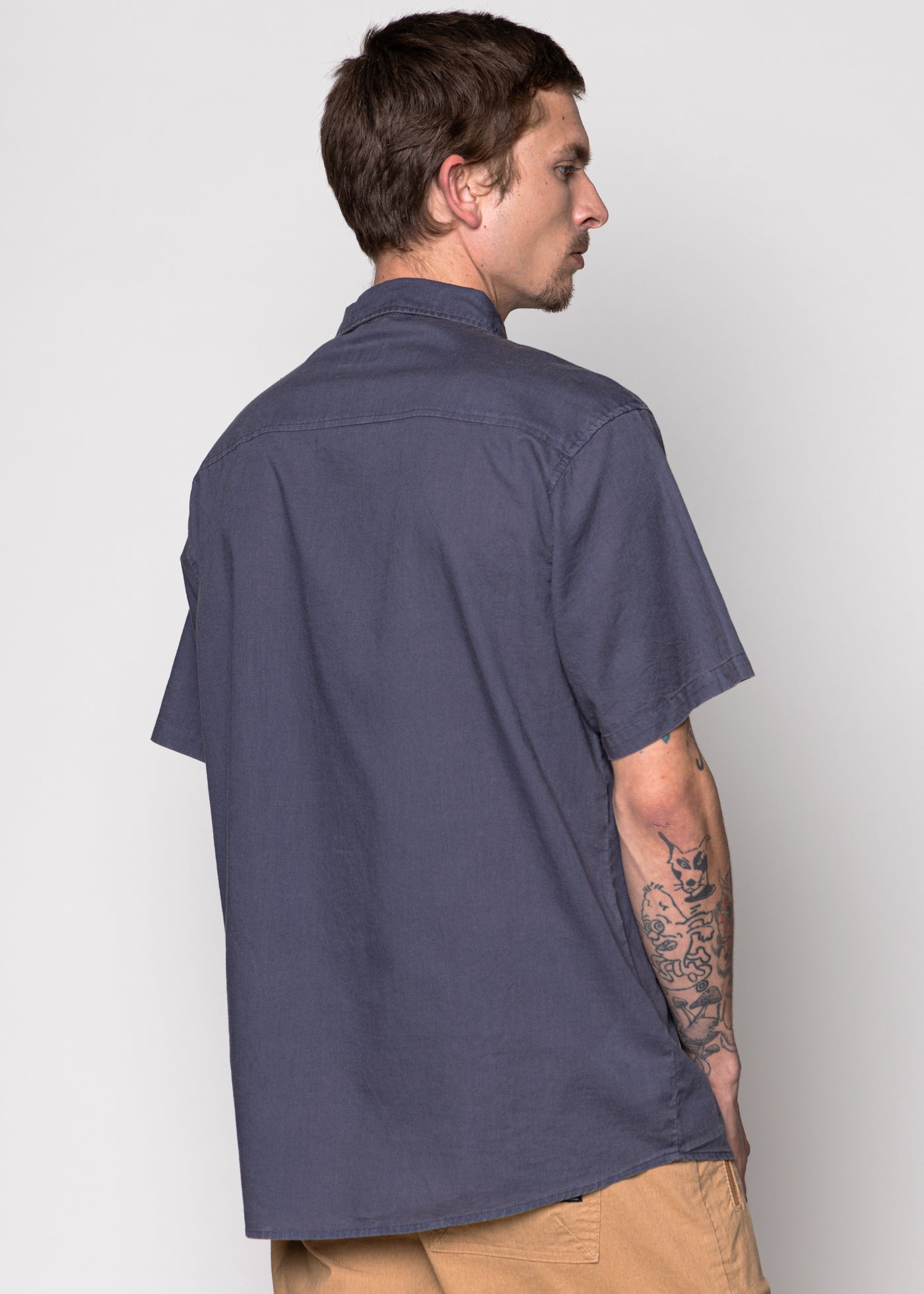 Camisa Clásica Manga Corta Algodón Solid Hombre - Azul Oscuro Dim Gray