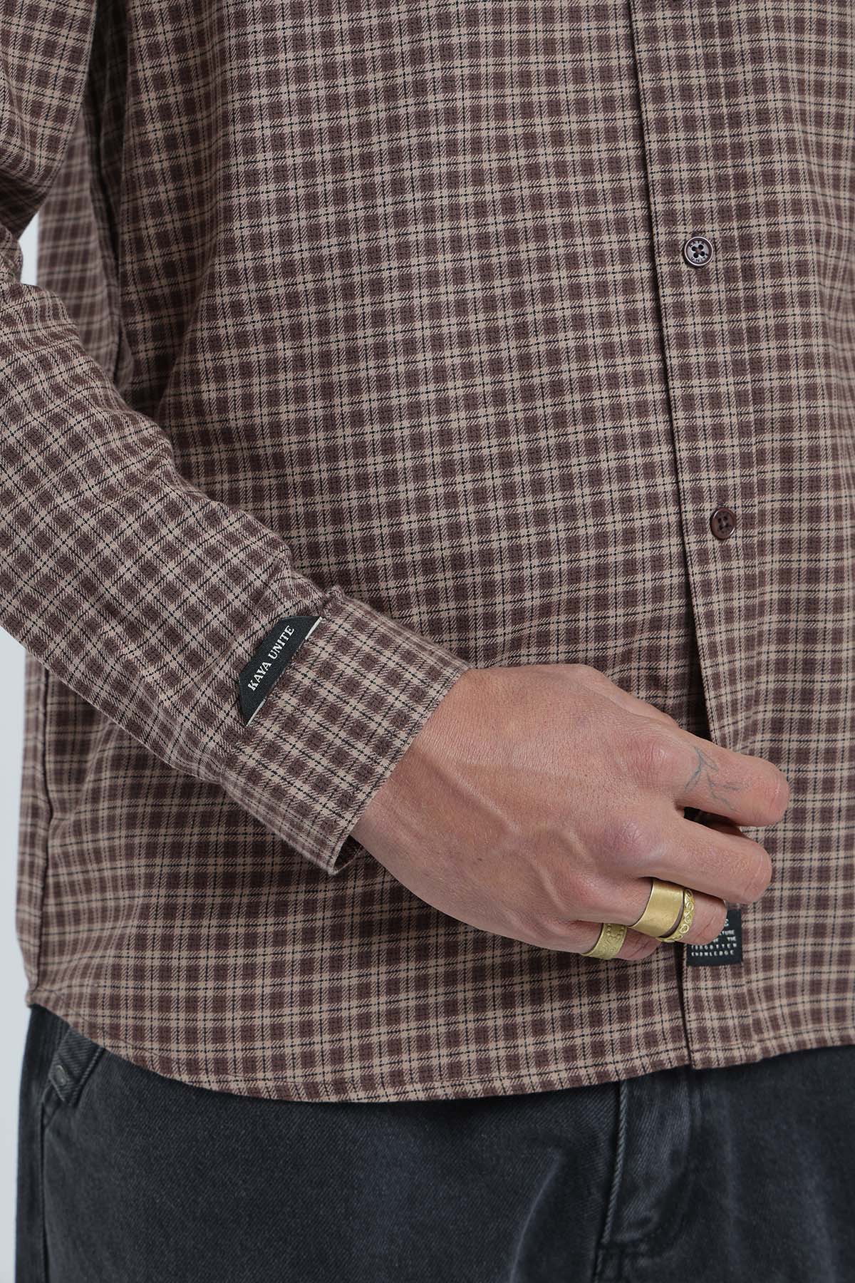 Camisa Manga Larga Cuadrillé Hombre - Café
