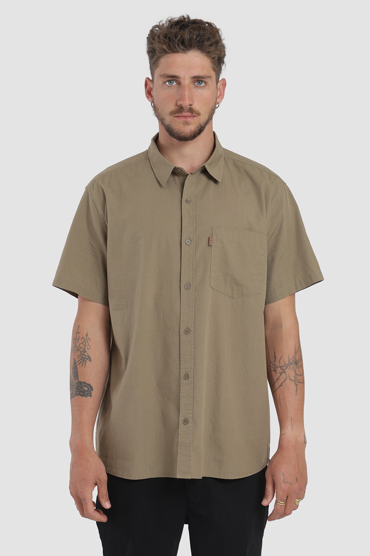 Camisa Manga Corta Algodón Hombre - Oliva