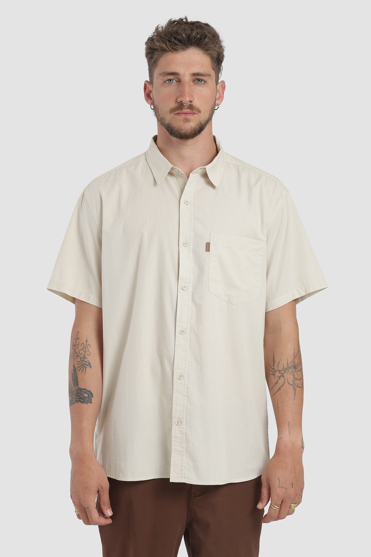 Camisa Manga Corta Algodón Hombre - Arena
