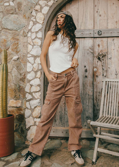 Pantalón Recto Algodón Cargo Mujer - Rosa Palo Rosy Brown