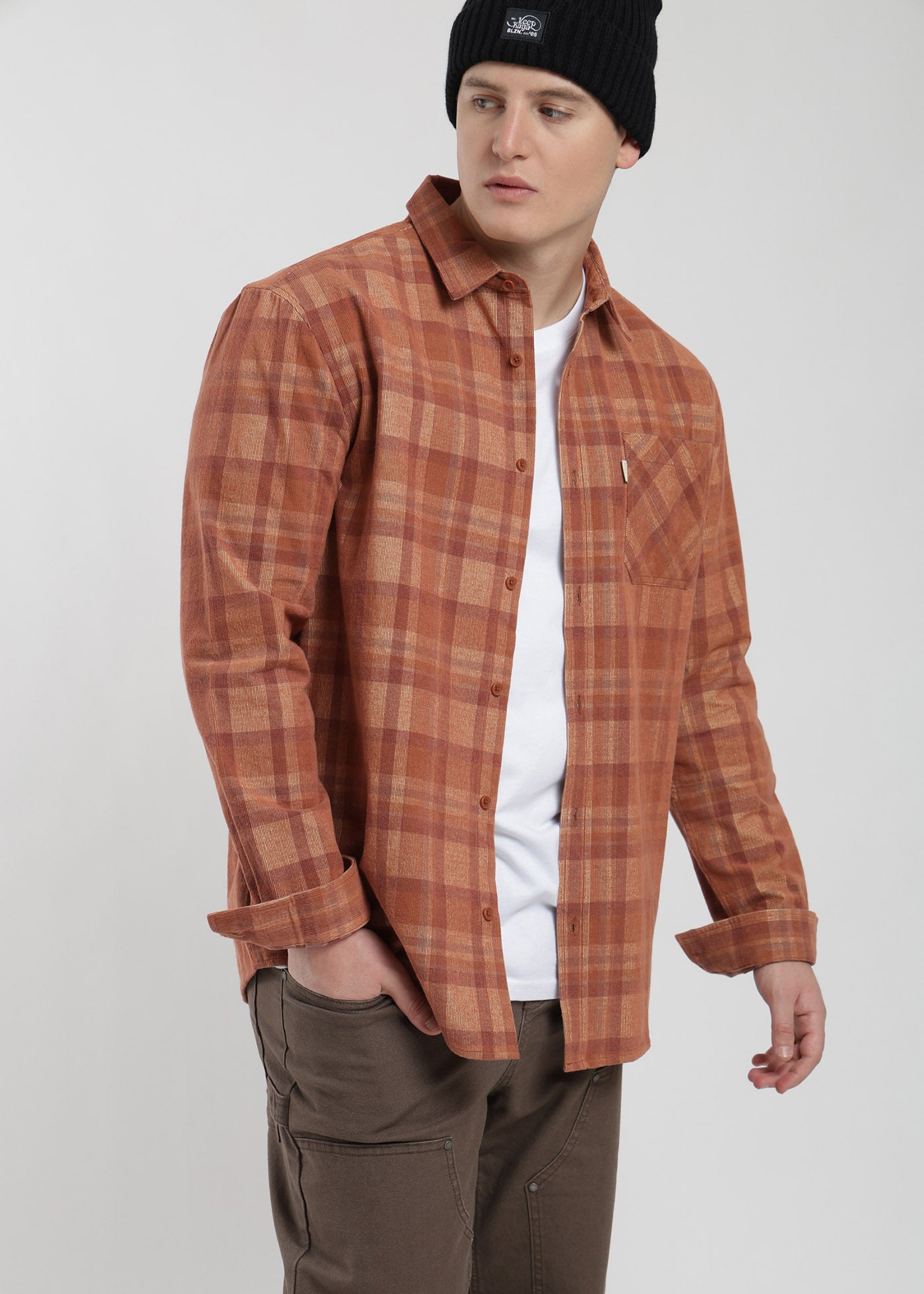 Camisa Manga Larga Cotelé Hombre - Café