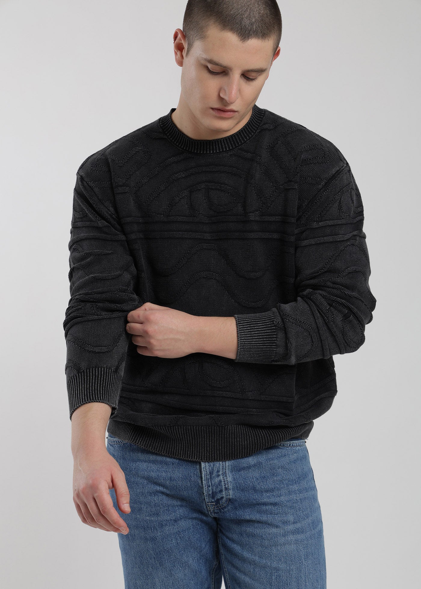 Chaleco Tejido Cuello Redondo Jacquard Hombre - Negro