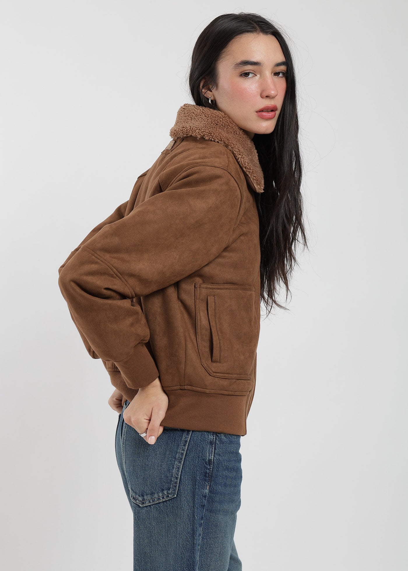 Chaqueta Bomber Suede Mujer Café #Color_Café
