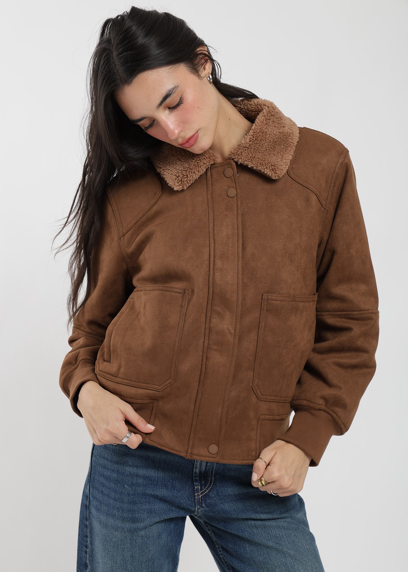 Chaqueta Bomber Suede Mujer Café #Color_Café