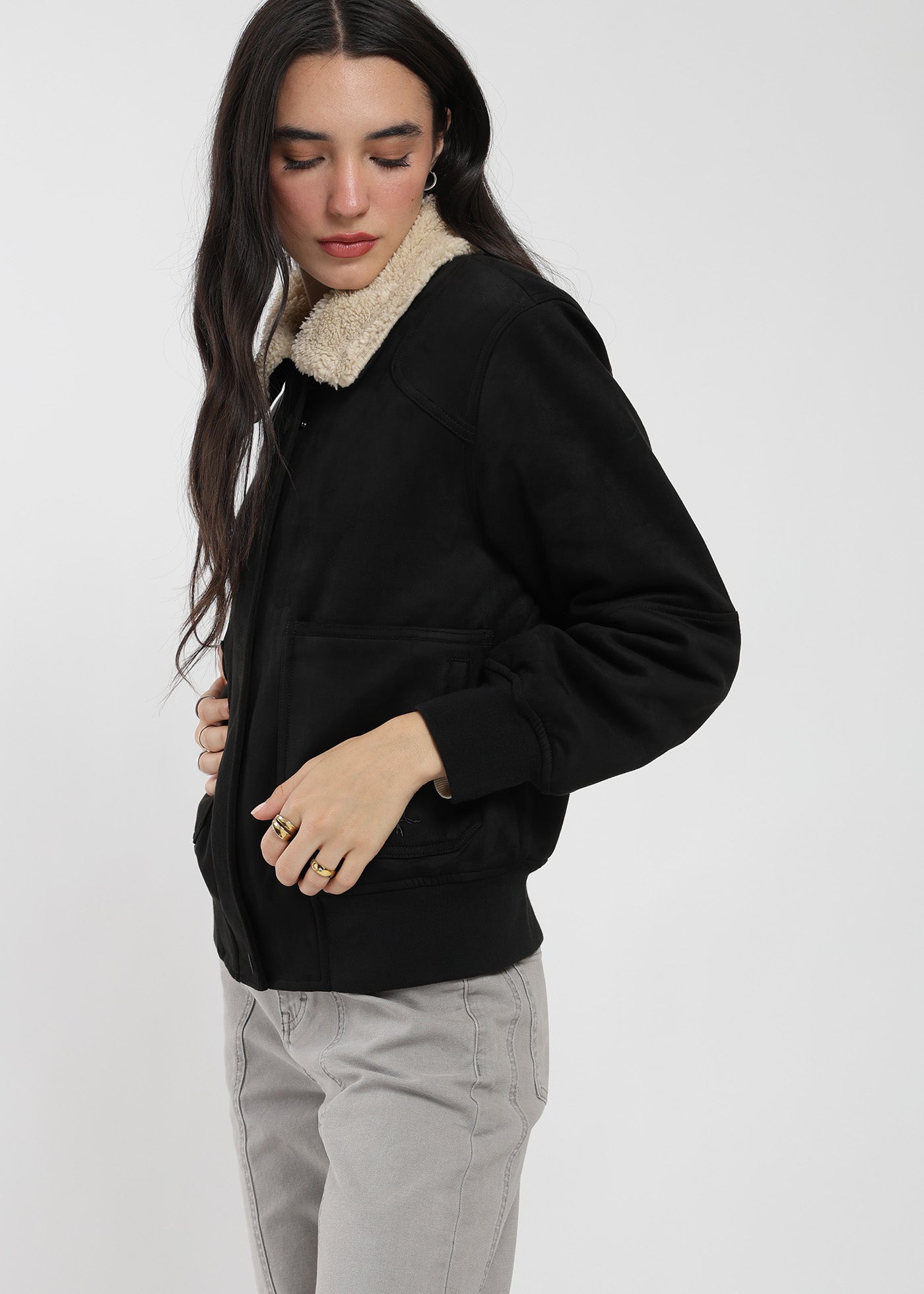 Chaqueta Bomber Suede Mujer Negro #Color_Negro