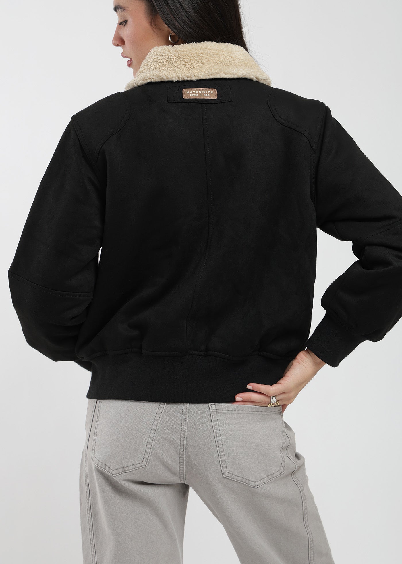 Chaqueta Bomber Suede Mujer Negro #Color_Negro