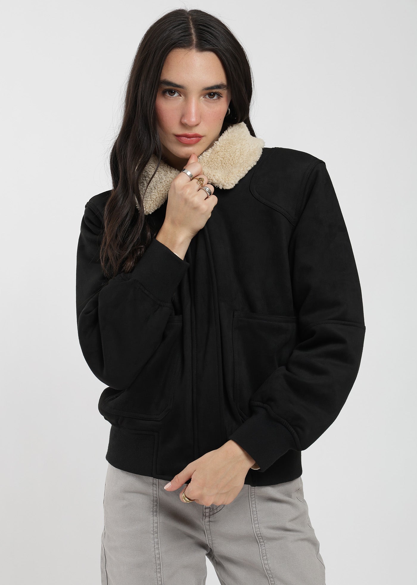 Chaqueta Bomber Suede Mujer Negro #Color_Negro