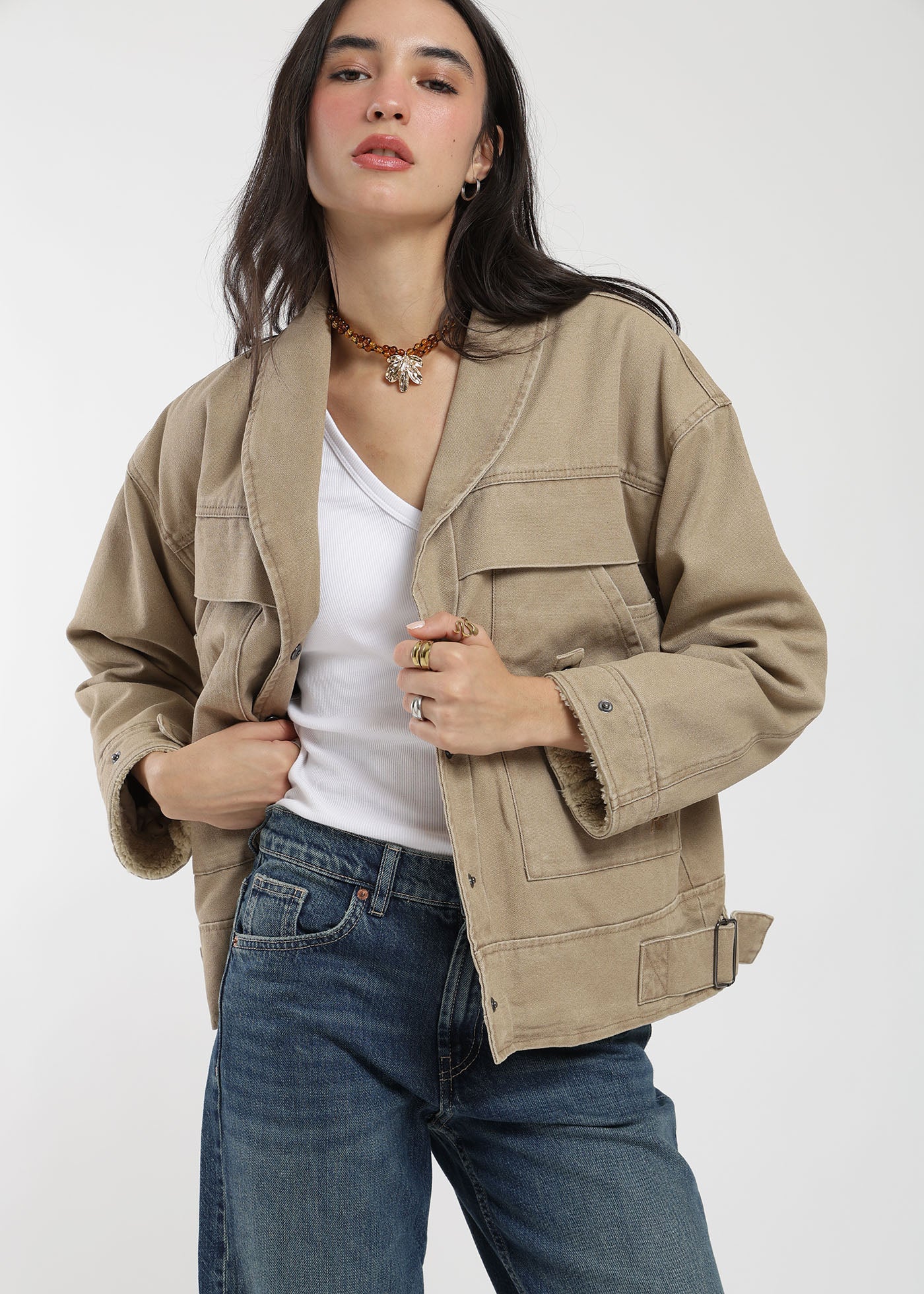 Chaqueta Clásica Canvas Solid Mujer Caramelo #Color_Caramelo