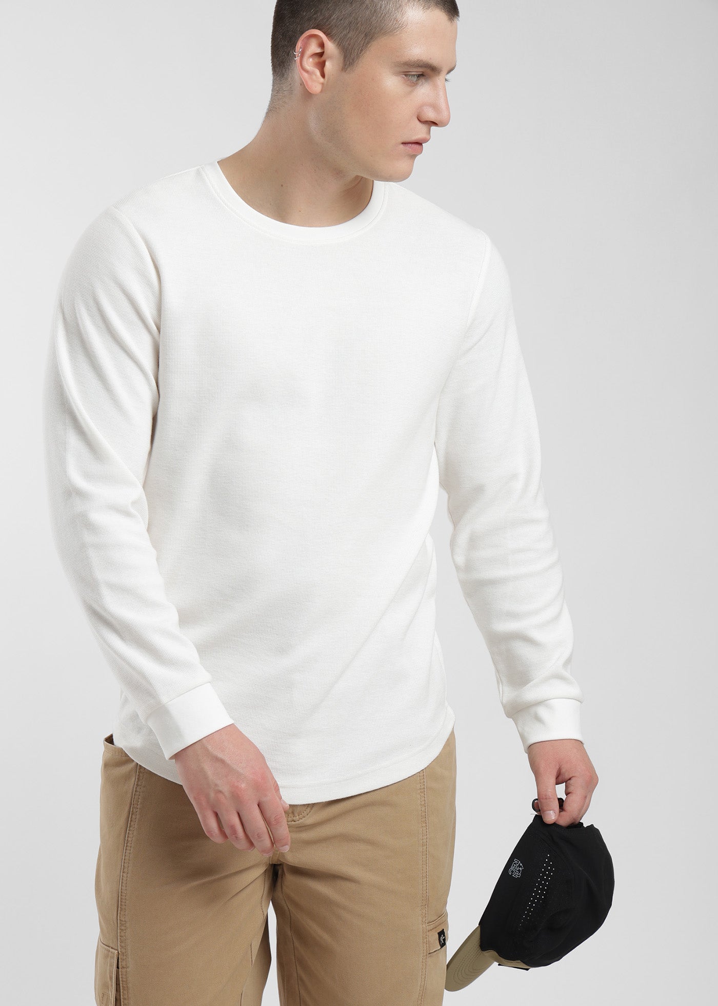 Polera Manga Larga Algodón Waffle Hombre - Crema Lavender