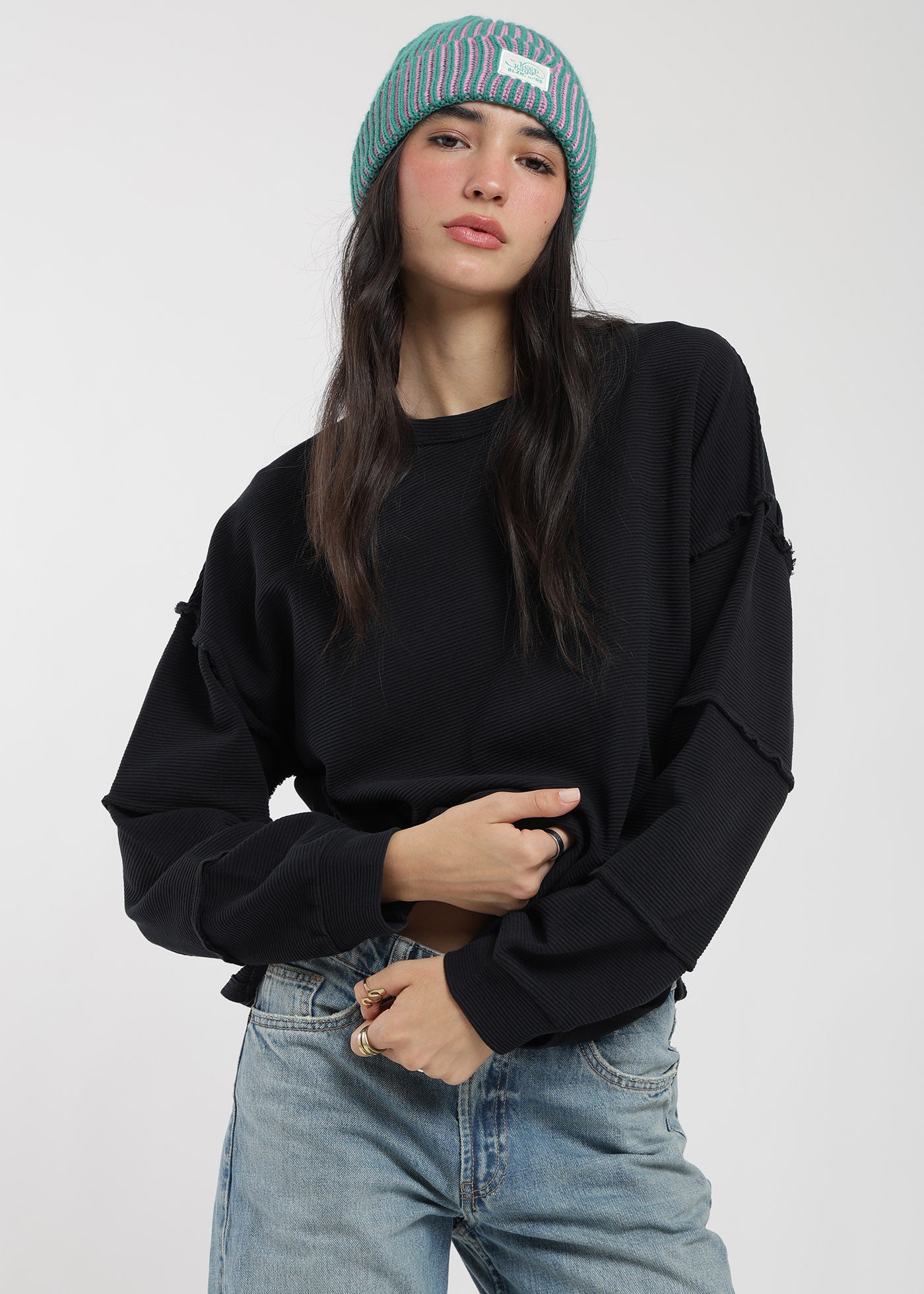 Poleron Cuello Redondo Acanalado Mujer Negro #Color_Negro