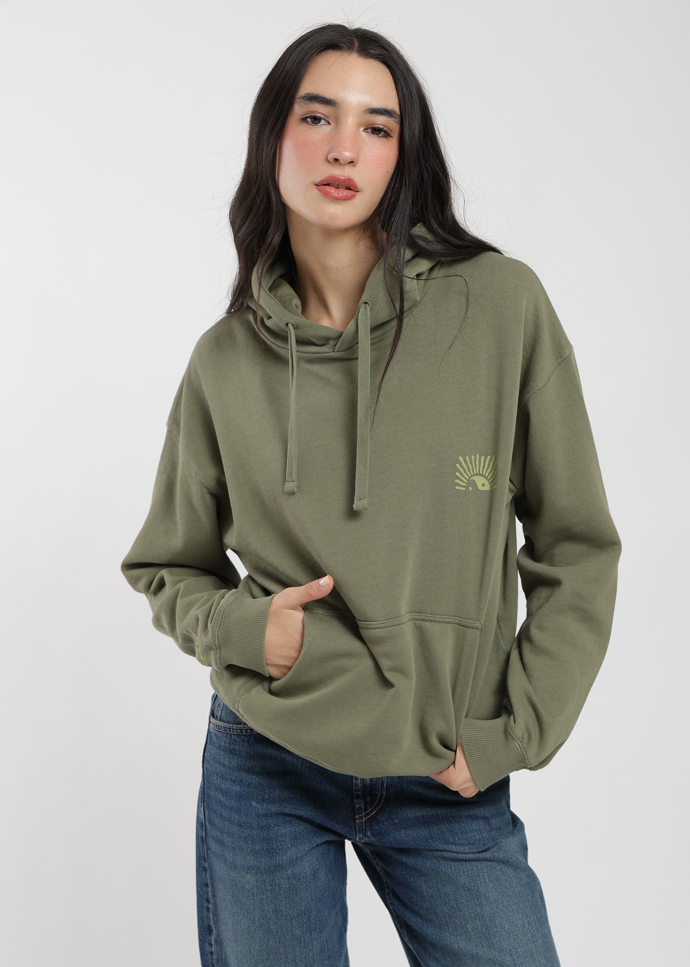 Polerón Hoodie Algodón Print Sun Kaya Mujer - Oliva