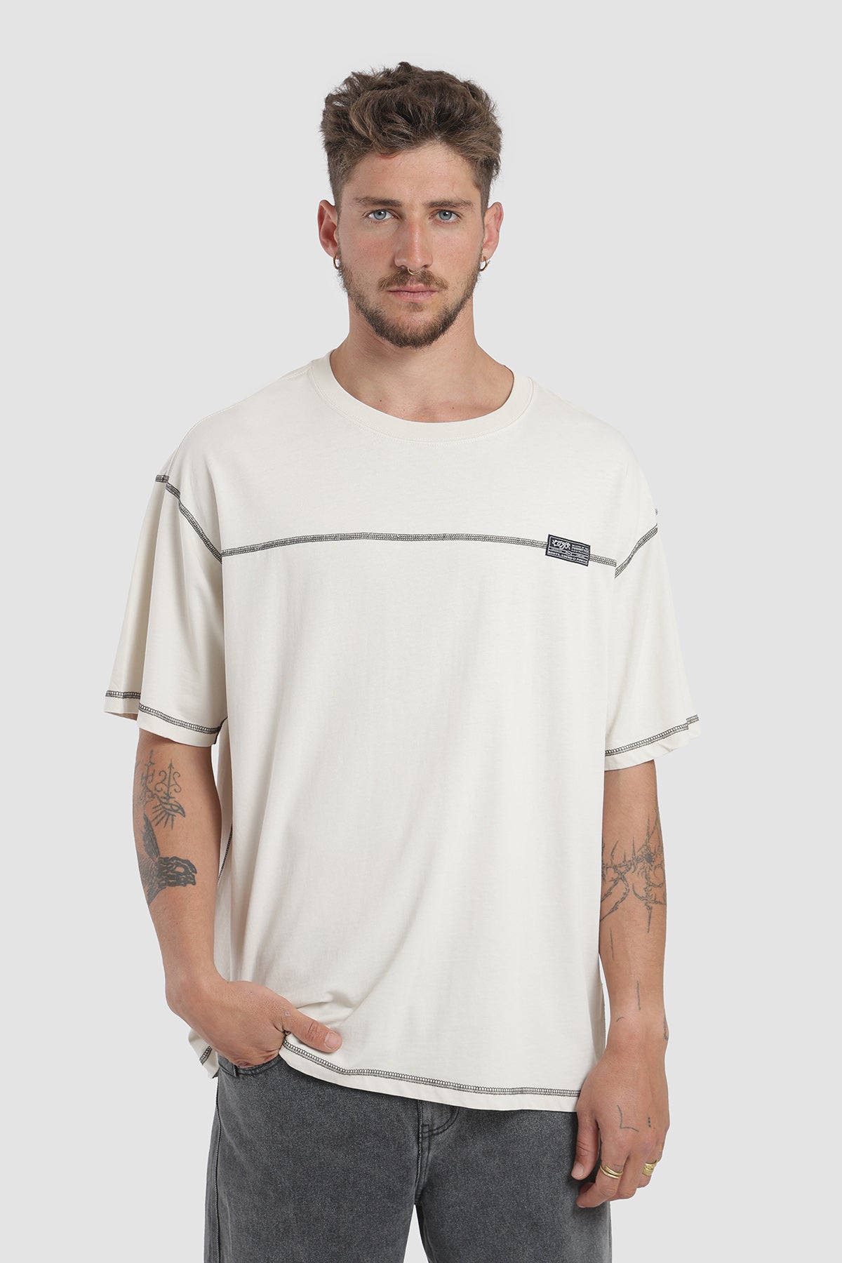 Polera Oversize Pespuntes Algodón Heavyweight 230g Hombre - Blanco
