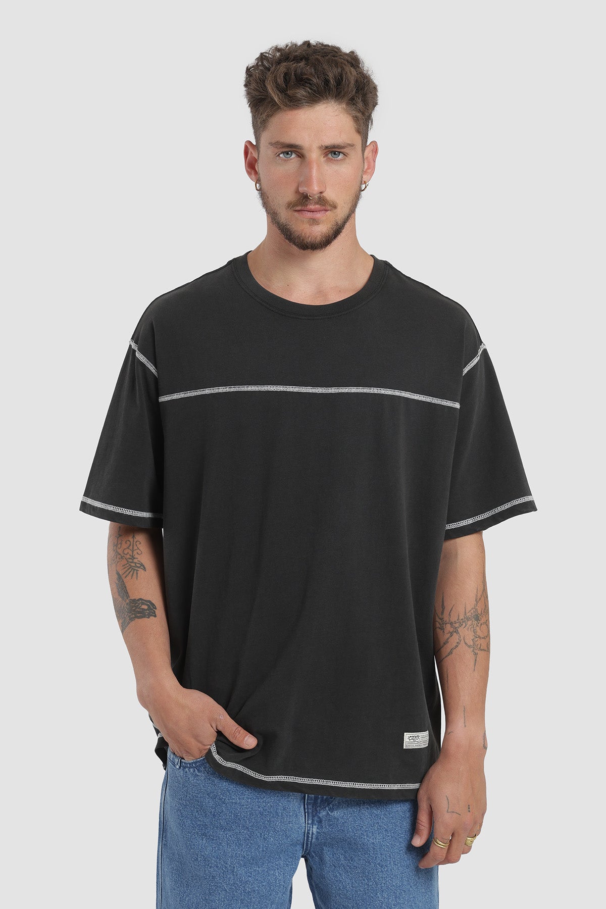 Polera Oversize Pespuntes Algodón Heavyweight 230g Hombre - Negro