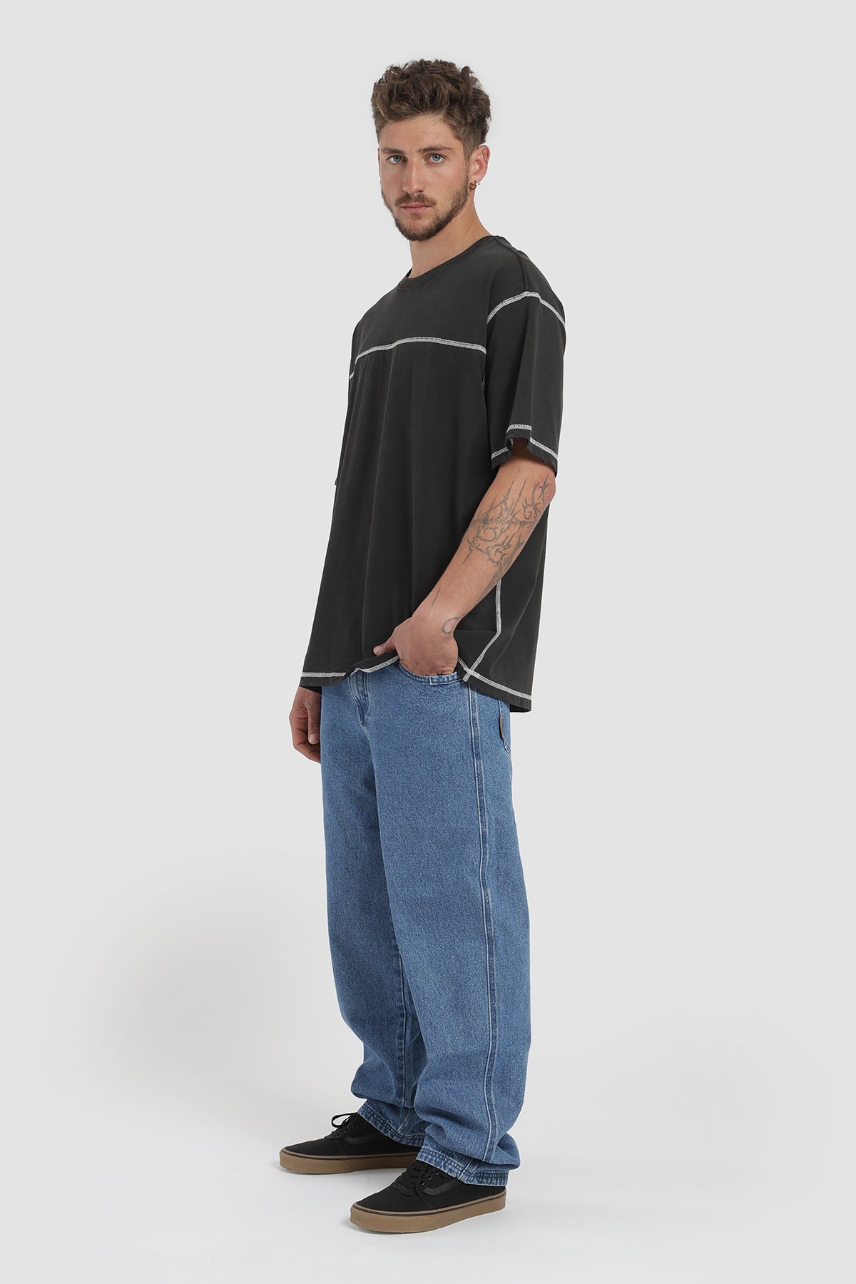 Polera Oversize Pespuntes Algodón Heavyweight 230g Hombre - Negro
