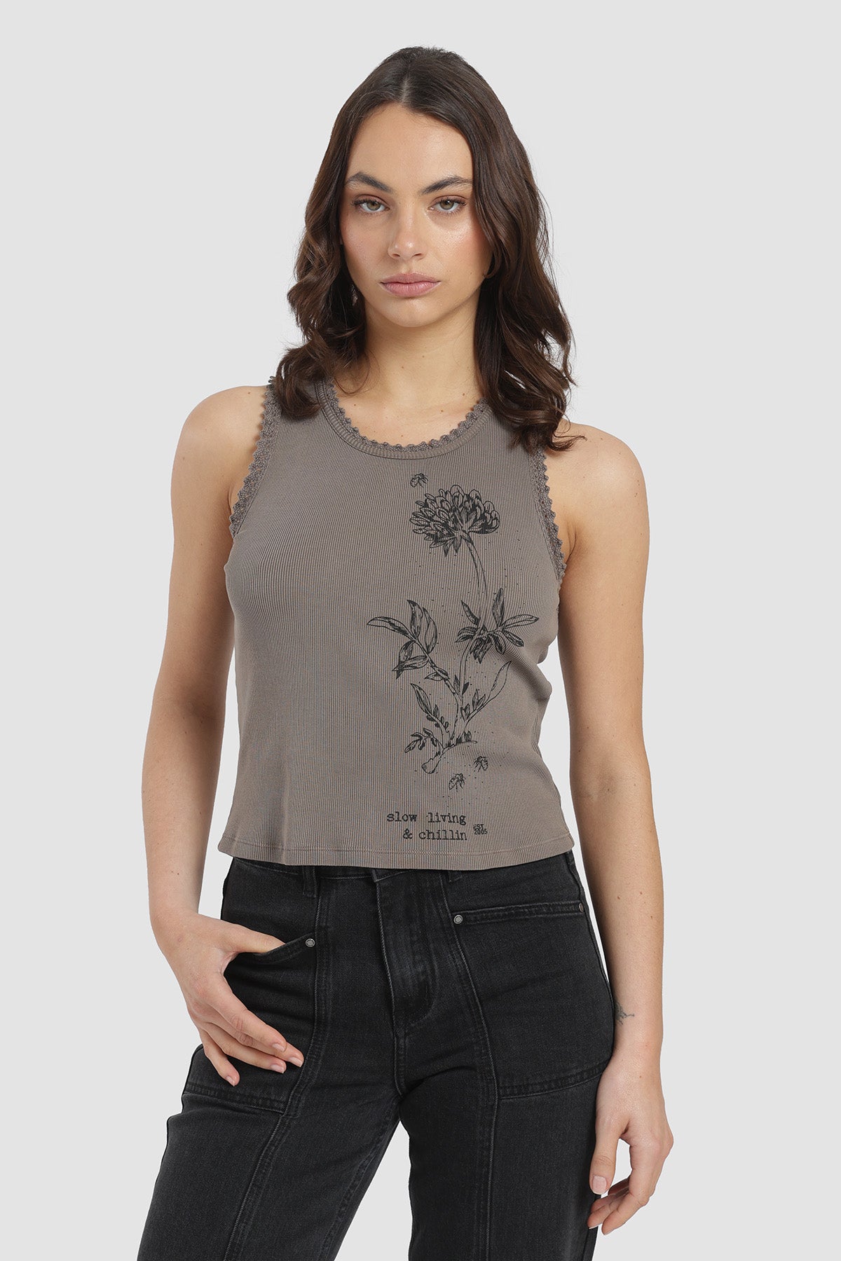 Polera Sin Mangas Rib Botanic Mujer - Gris