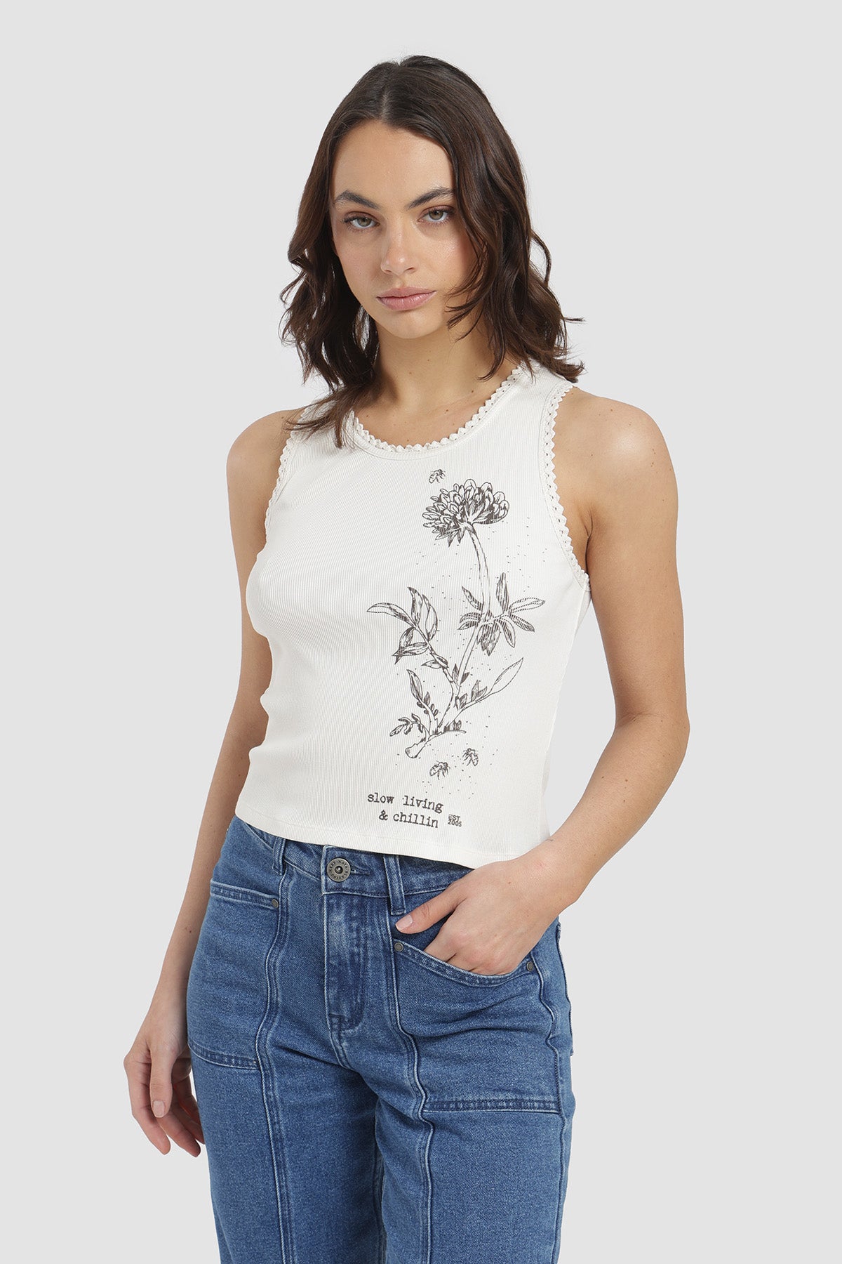 Polera Sin Mangas Rib Botanic Mujer - Crudo