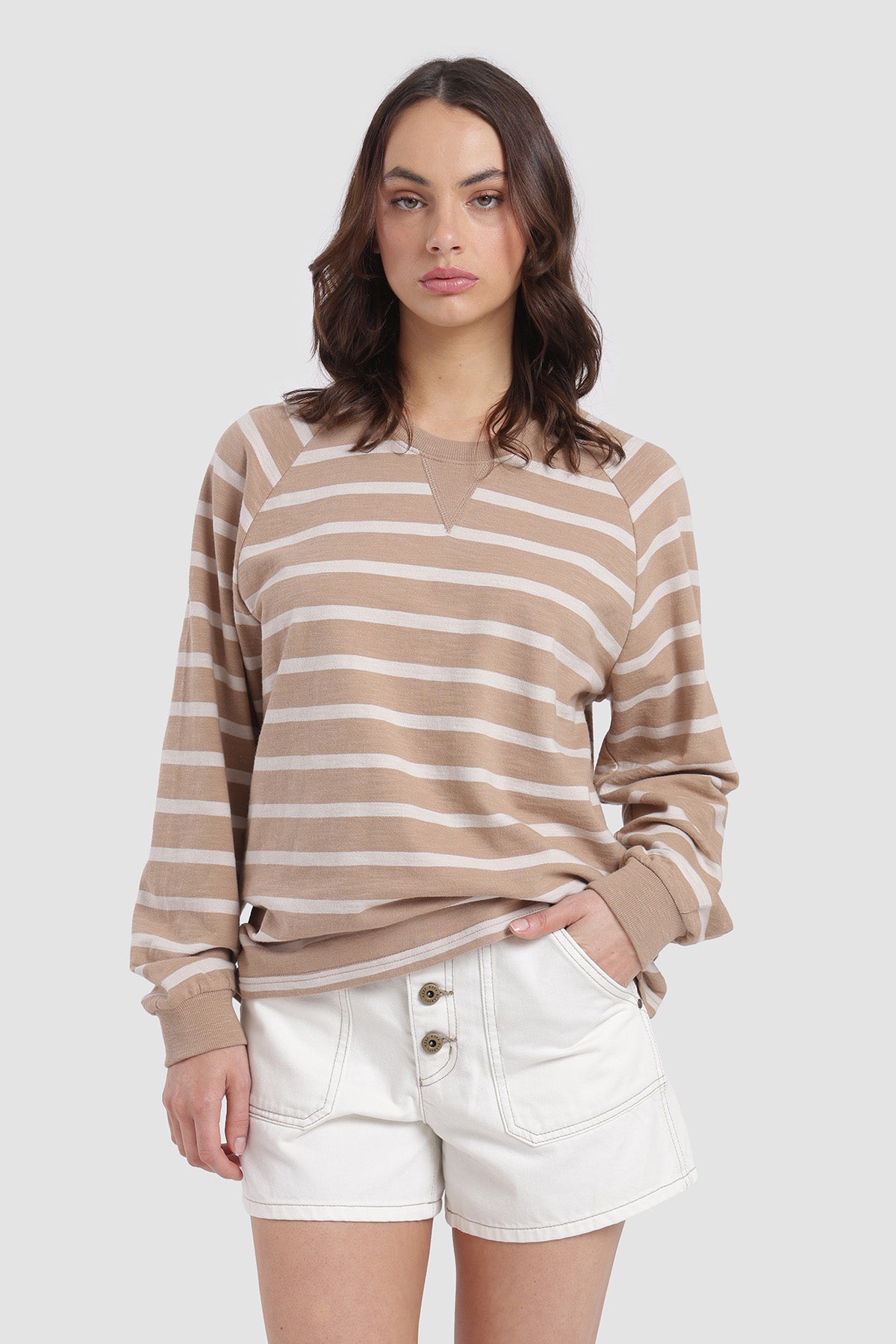Polera Manga Larga Rayas Mujer - Beige