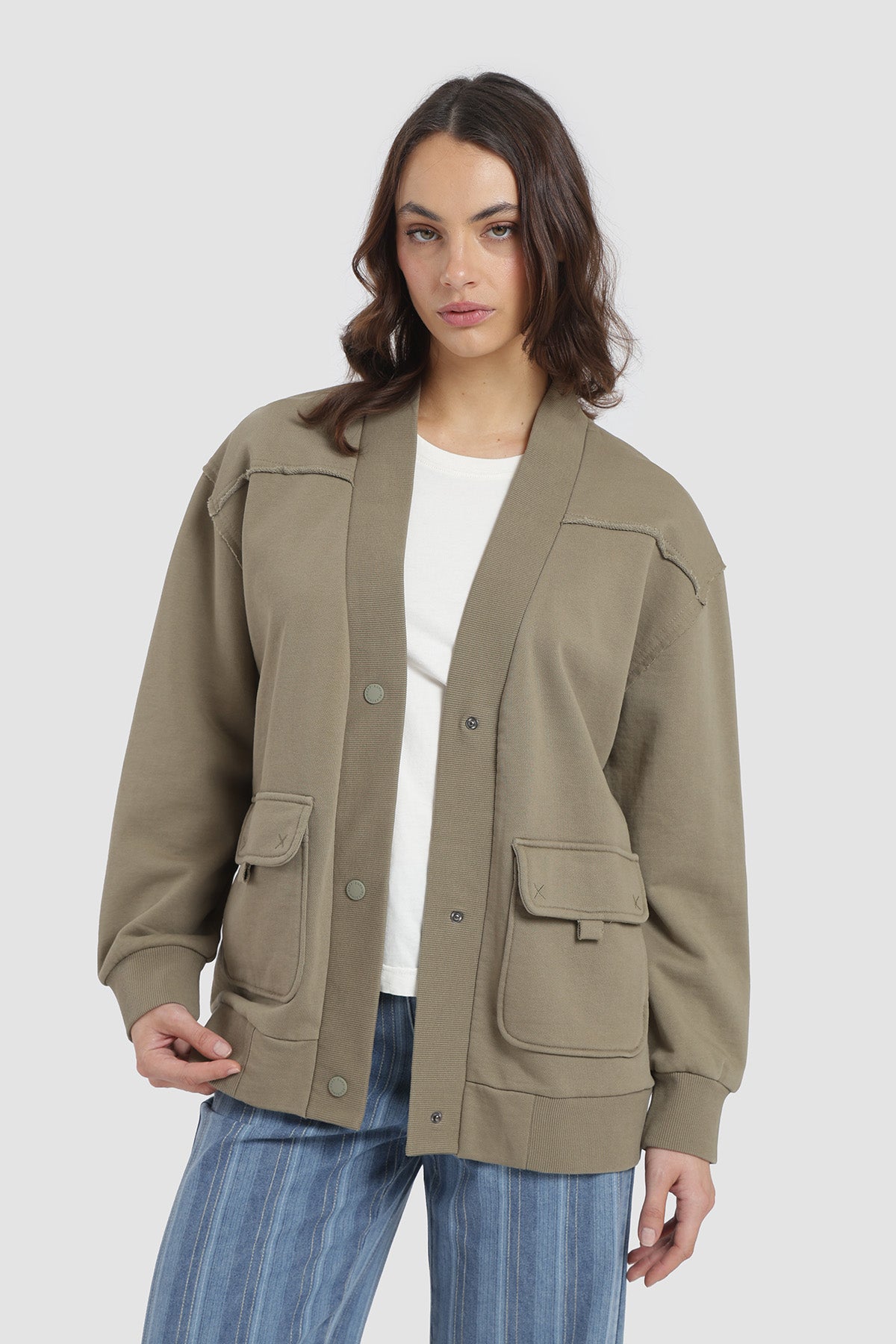 Polerón Cardigan Snaps Mujer - Oliva
