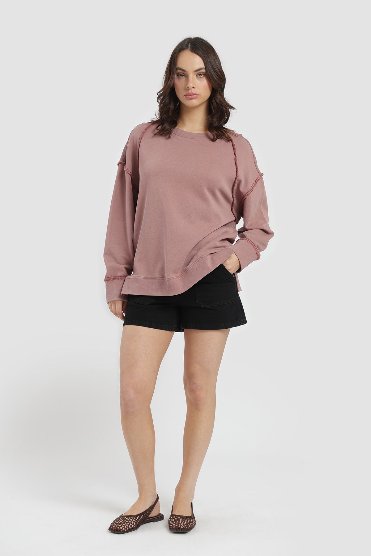 Polerón Crewneck Pespuntes Mujer - Malva