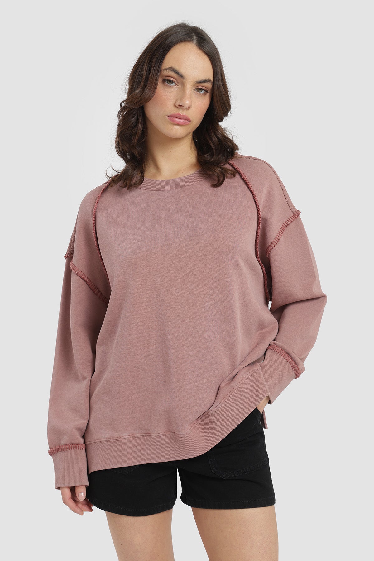 Polerón Crewneck Pespuntes Mujer - Malva