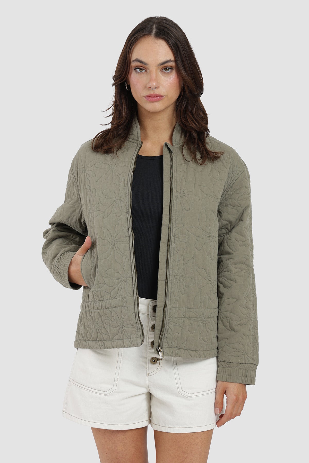 Chaqueta Bomber Quilted Canvas Mujer - Oliva