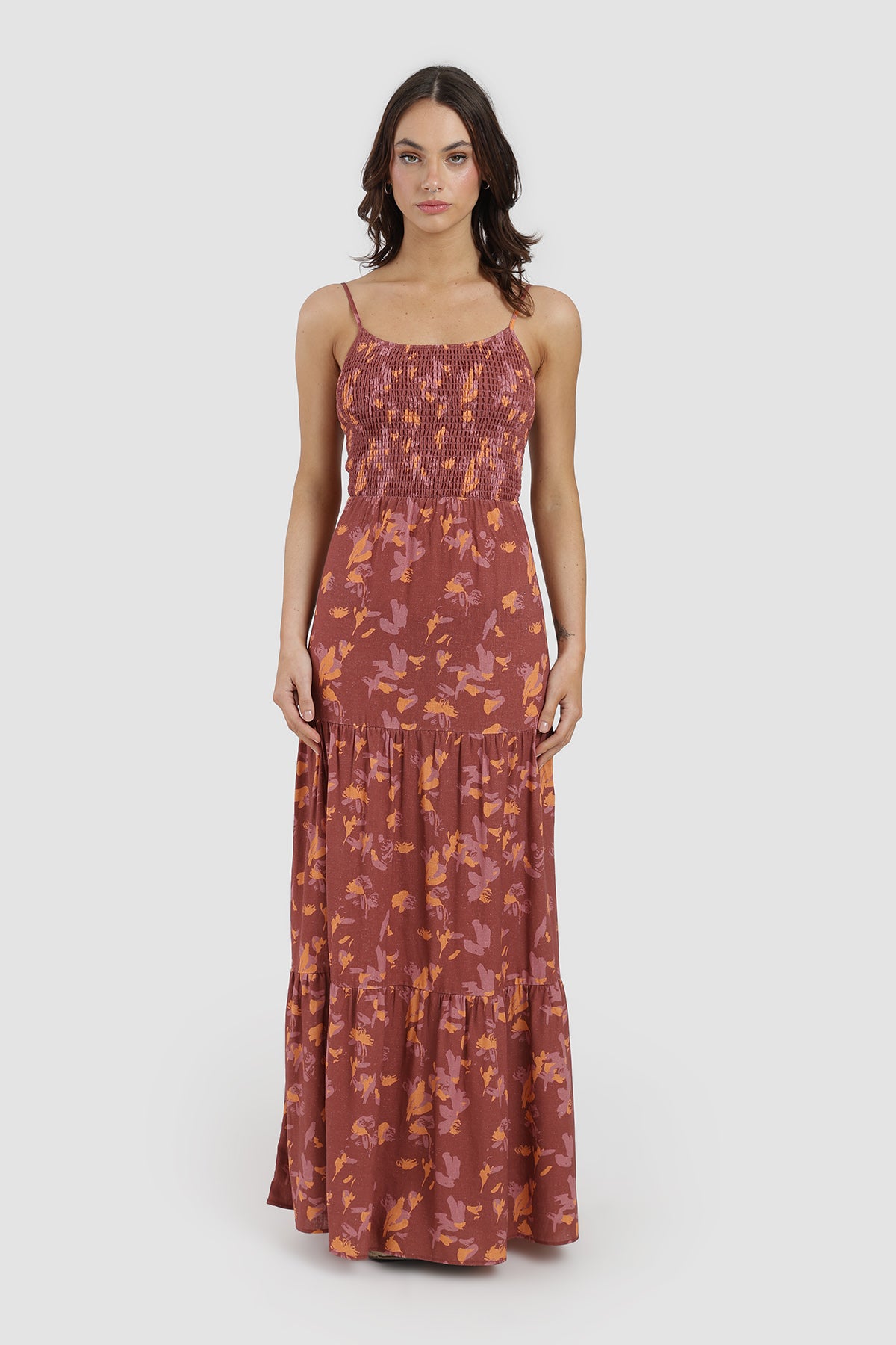 Vestido Amarras Flores Lino Mujer - Negro Rojo
