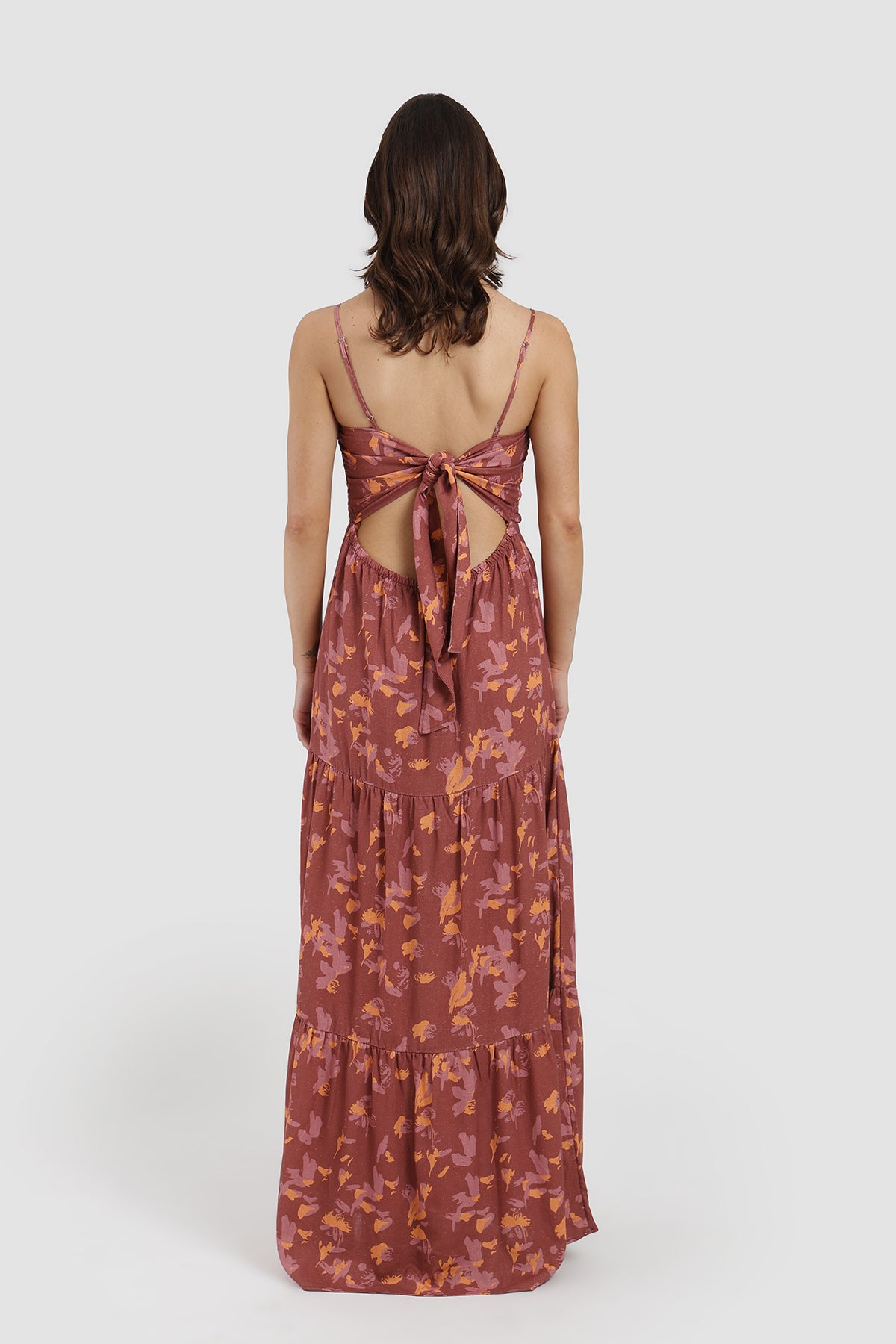Vestido Amarras Flores Lino Mujer - Negro Rojo