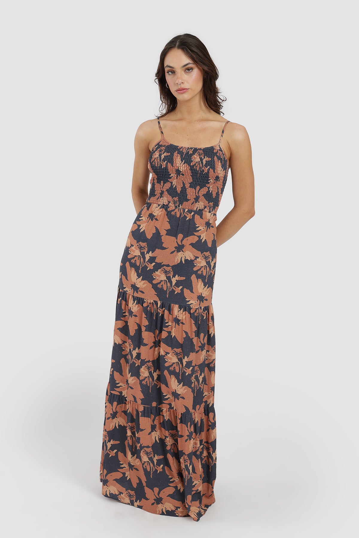 Vestido Amarras Flores Lino Mujer - Azul