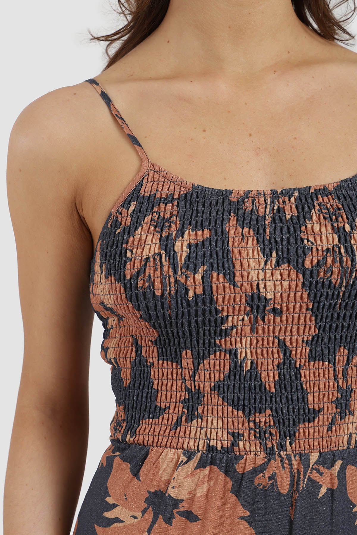 Vestido Amarras Flores Lino Mujer - Azul