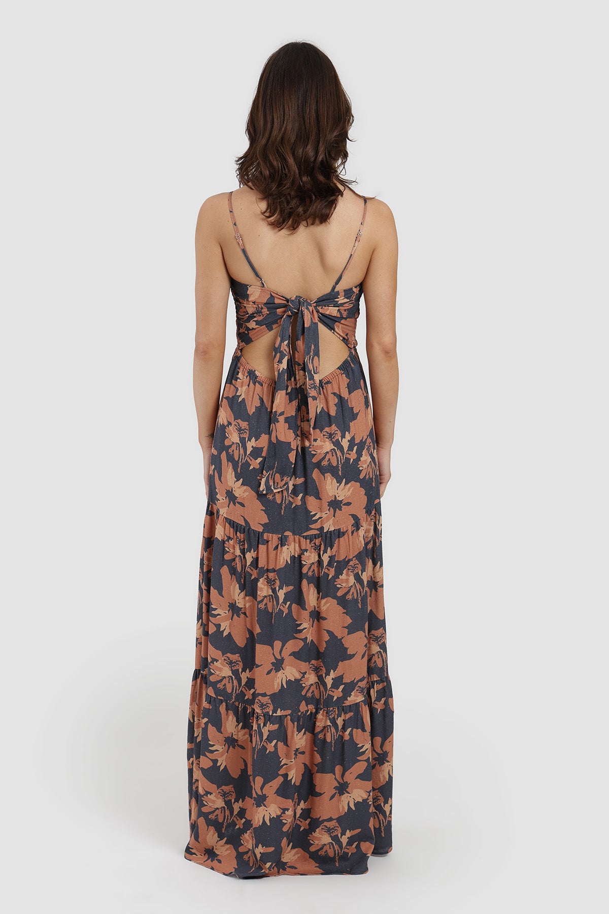 Vestido Amarras Flores Lino Mujer - Azul