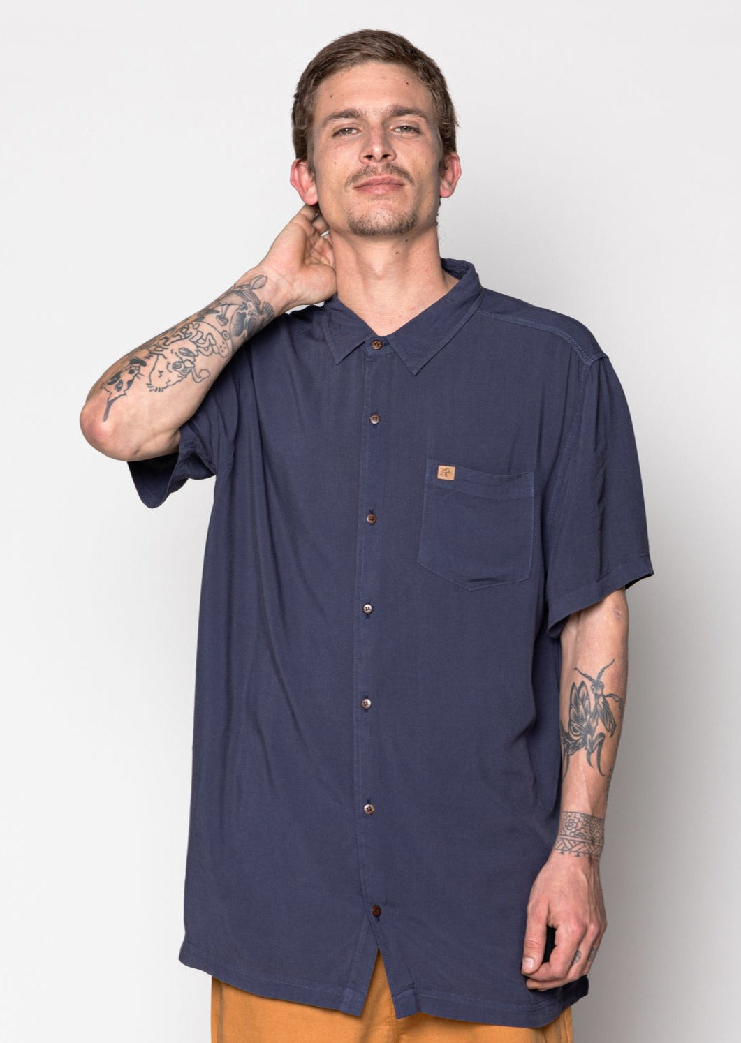 Camisa Clásica Manga Corta Viscosa Solid Hombre - Azul Oscuro
