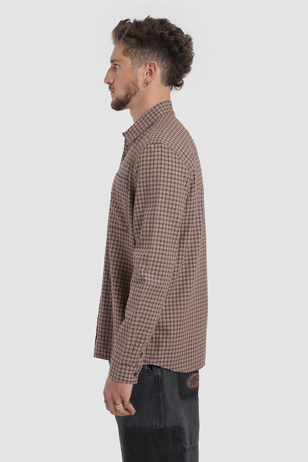 Camisa Manga Larga Cuadrillé Hombre - Café