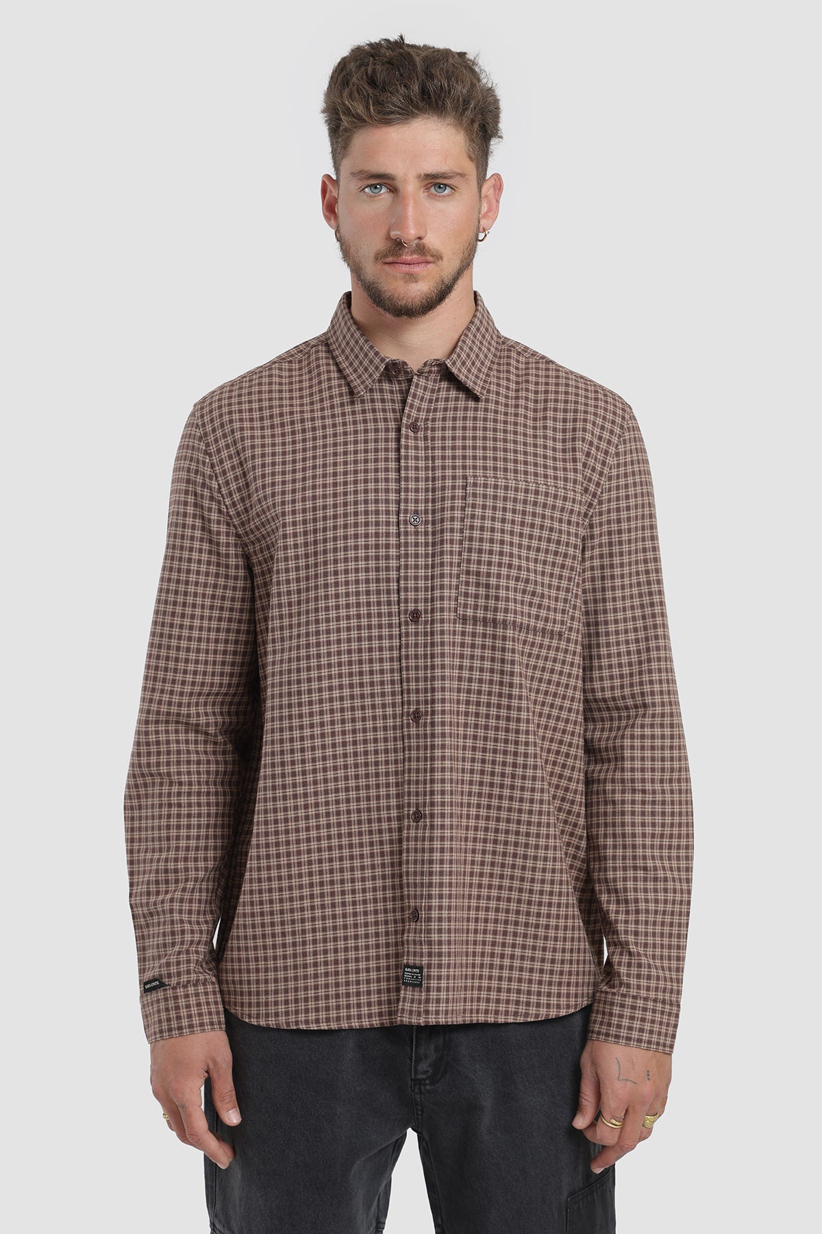 Camisa Manga Larga Cuadrillé Hombre - Café