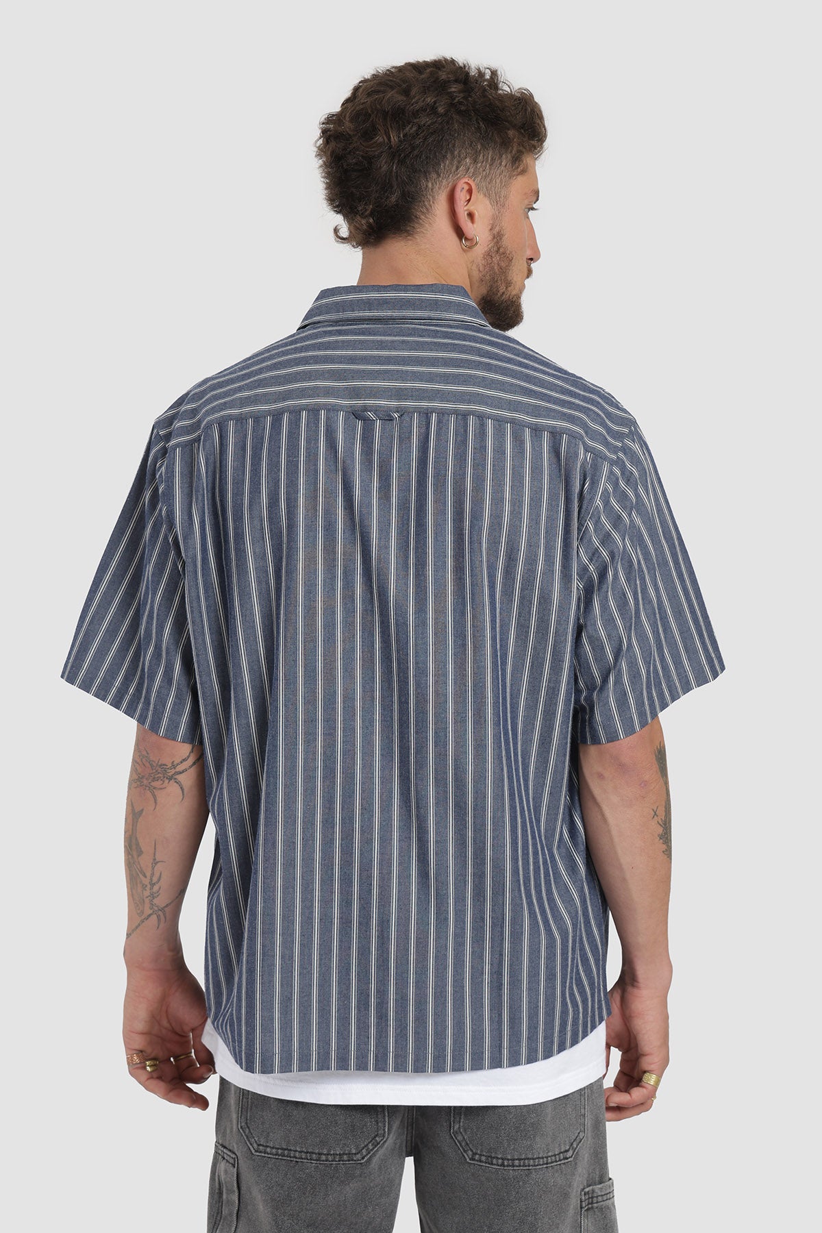 Camisa Manga Corta Print Rayas Hombre - Azul Marino
