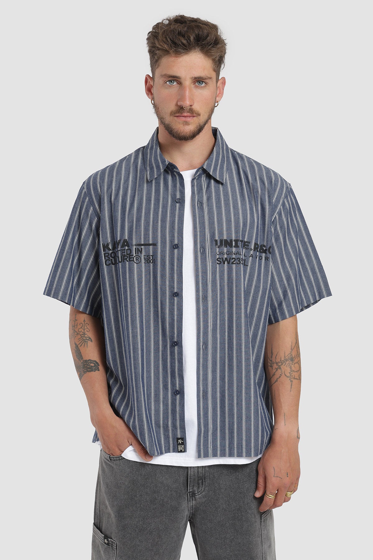 Camisa Manga Corta Print Rayas Hombre - Azul Marino