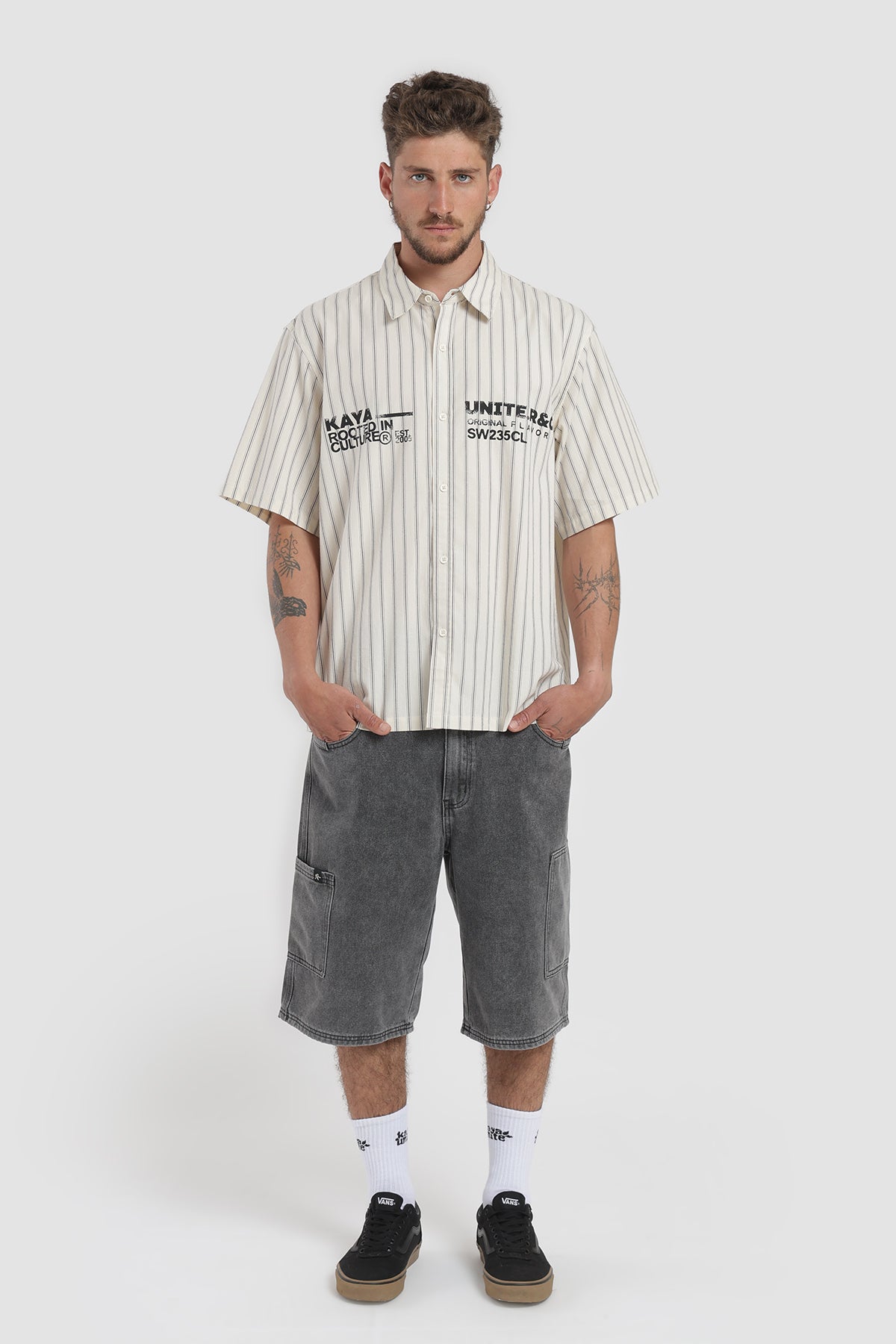 Camisa Manga Corta Print Rayas Hombre - Crudo