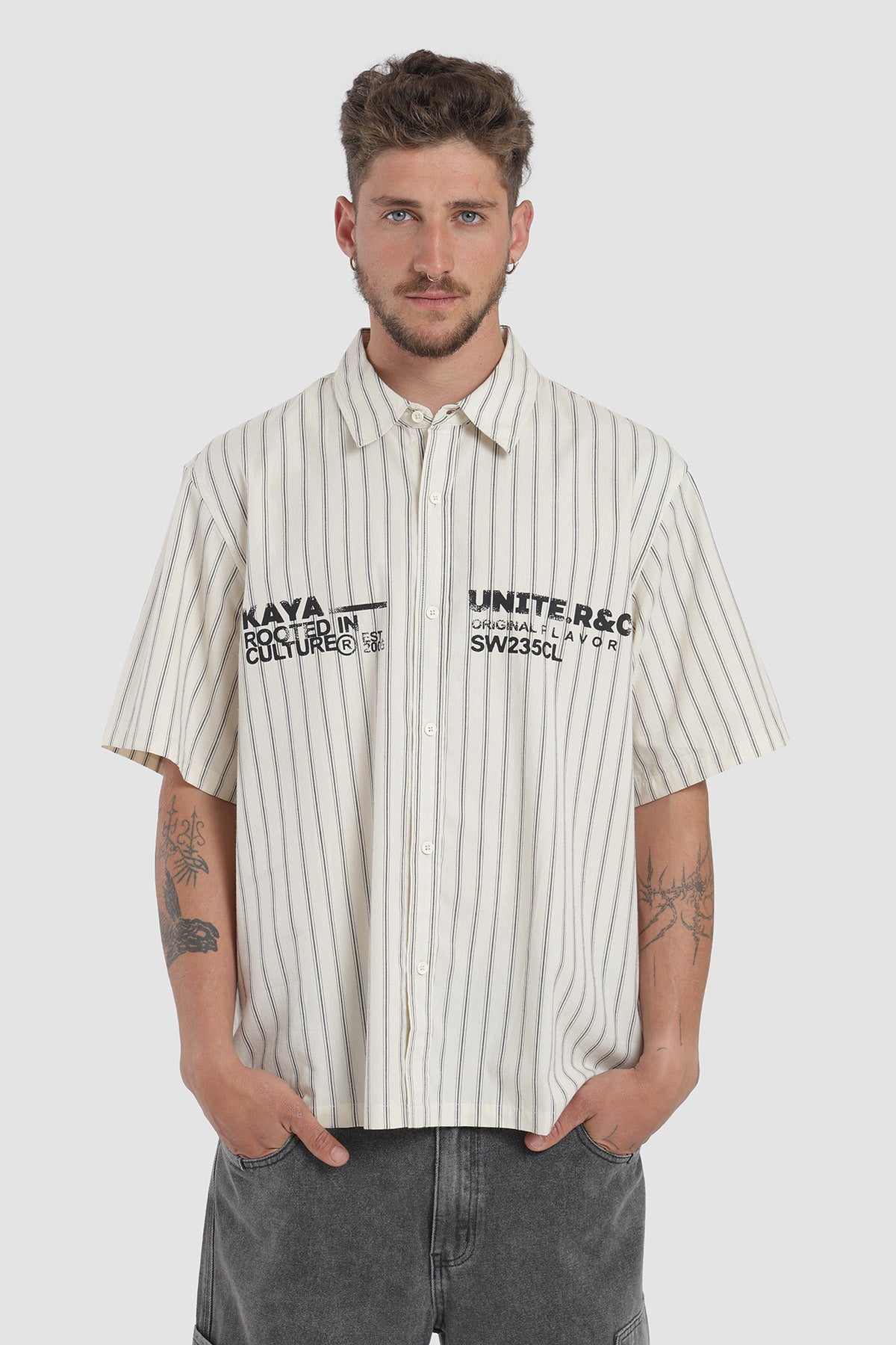 Camisa Manga Corta Print Rayas Hombre - Crudo