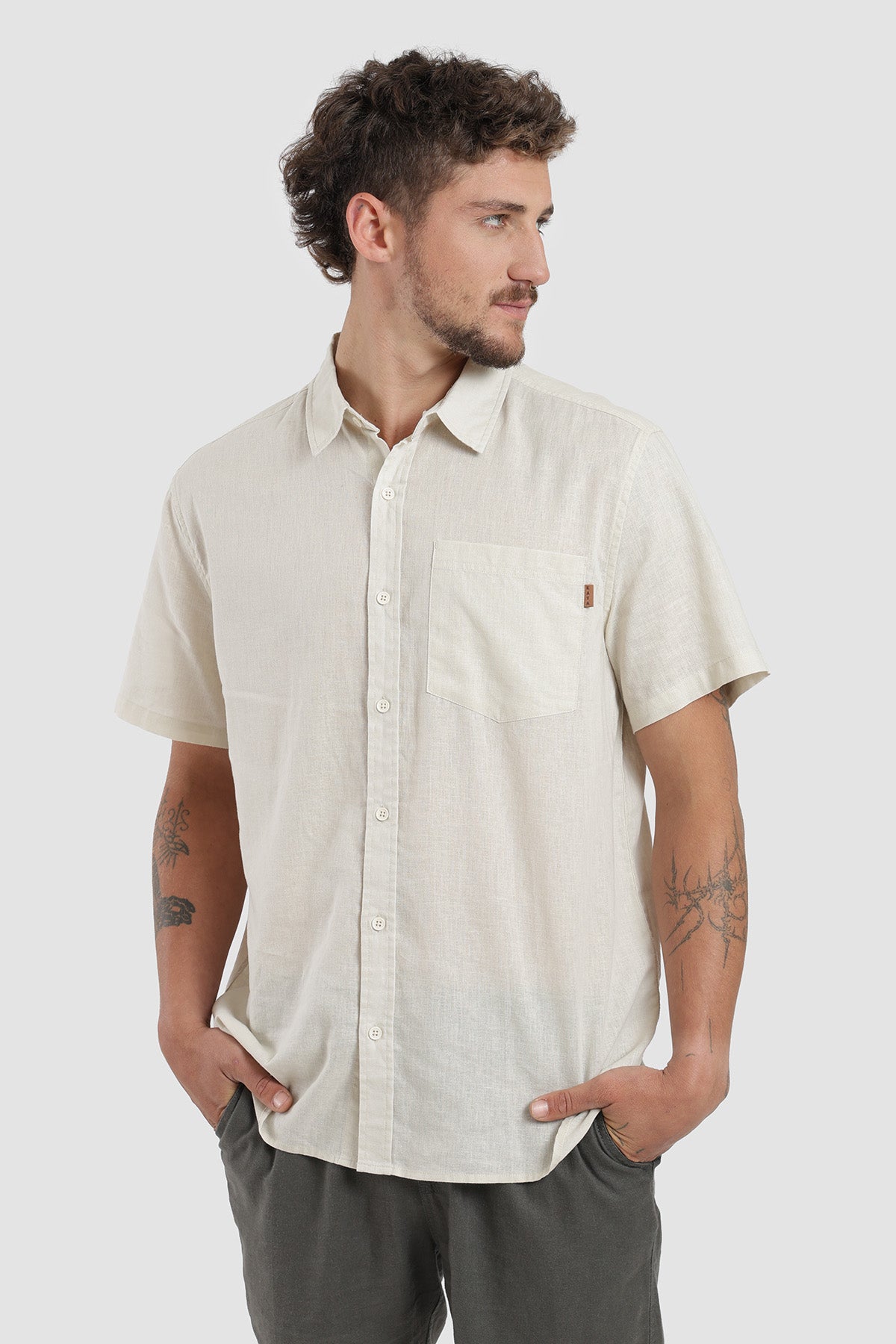 Camisa Manga Corta Clásica Lino Hombre - Beige