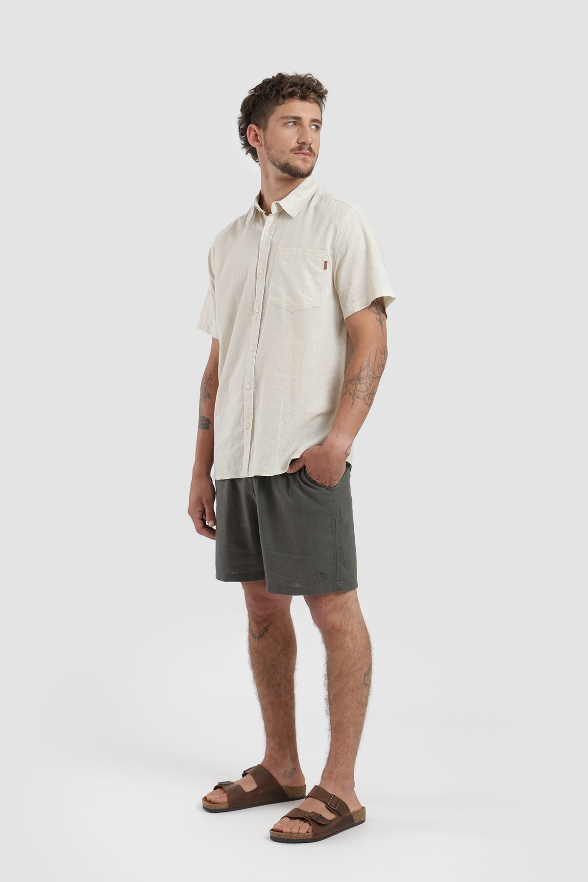 Camisa Manga Corta Clásica Lino Hombre - Beige