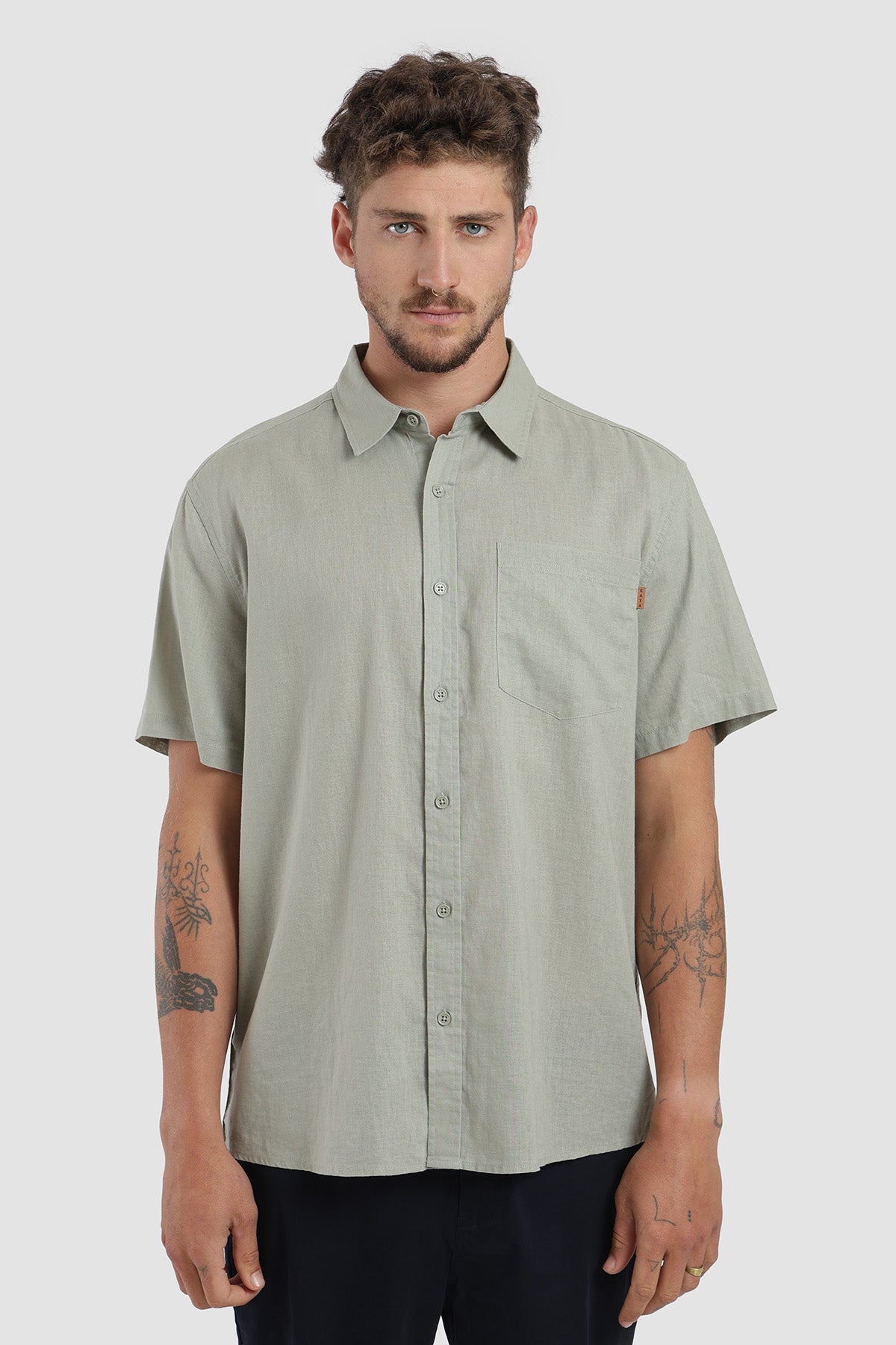 Camisa Manga Corta Clásica Lino Hombre - Verde Claro