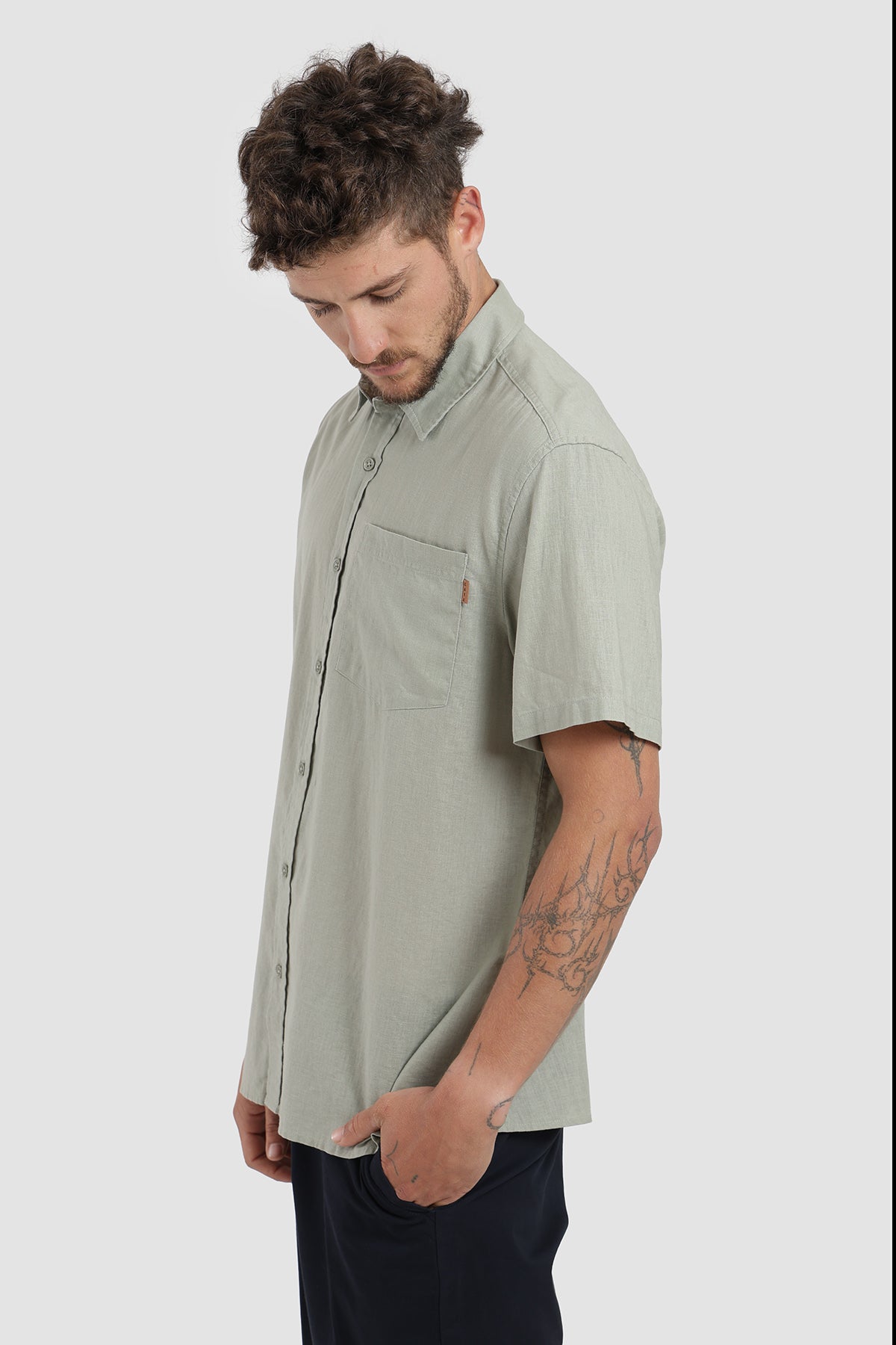 Camisa Manga Corta Clásica Lino Hombre - Verde Claro