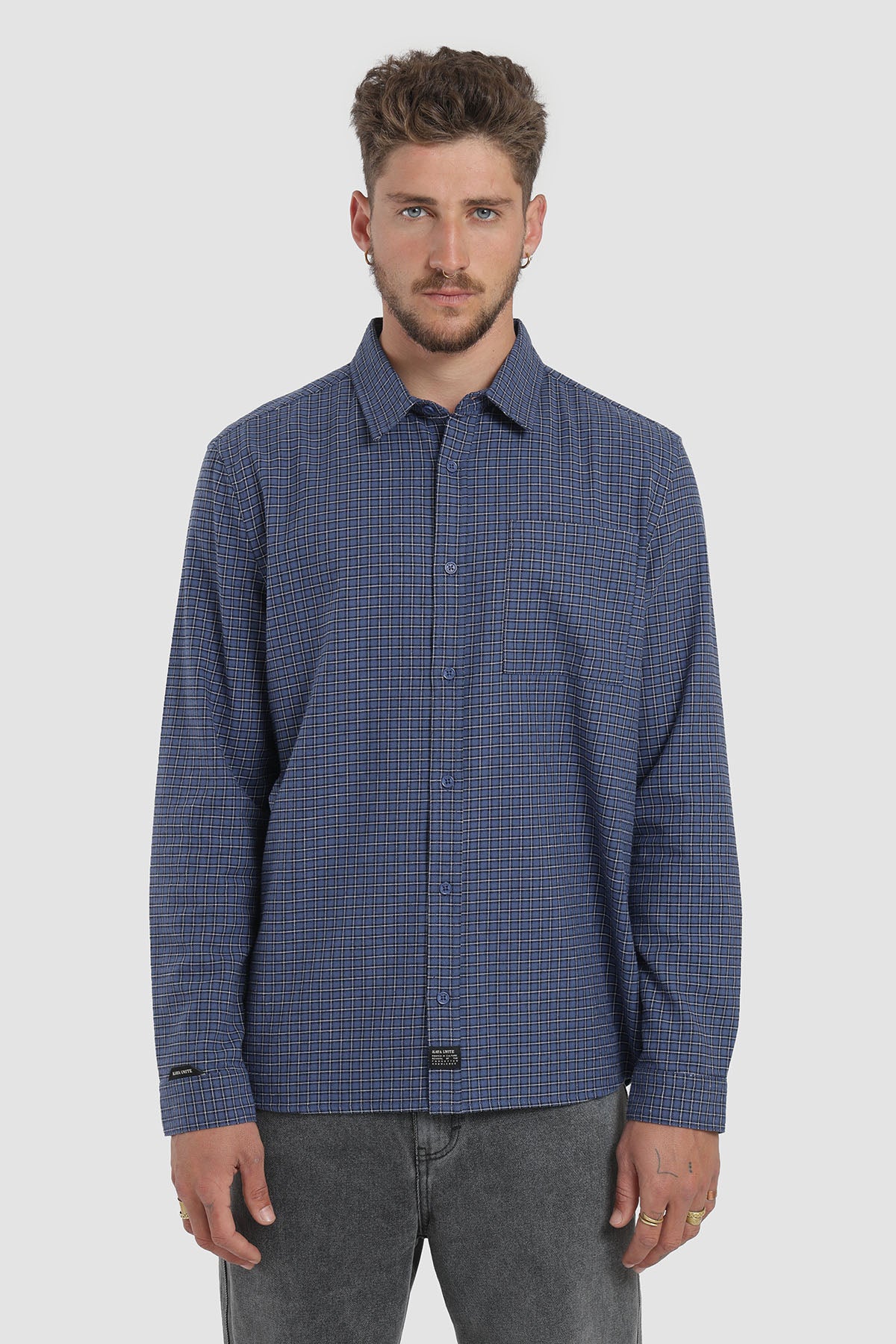 Camisa Manga Larga Cuadrillé Hombre - Azul Marino