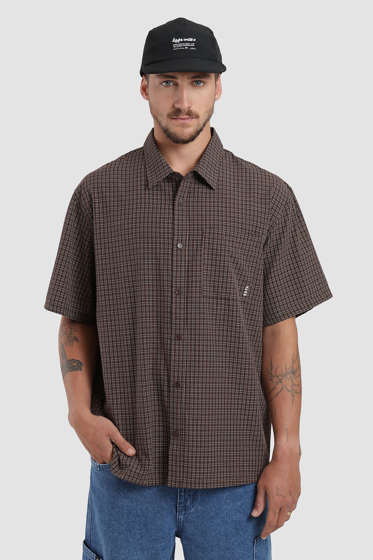Camisa Manga Corta Cuadrillé Hombre - Café