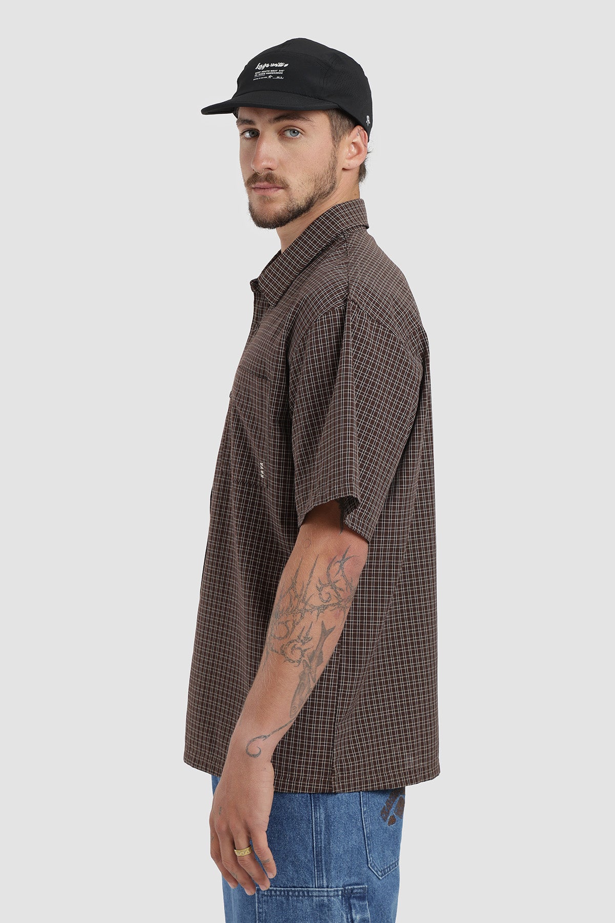 Camisa Manga Corta Cuadrillé Hombre - Café