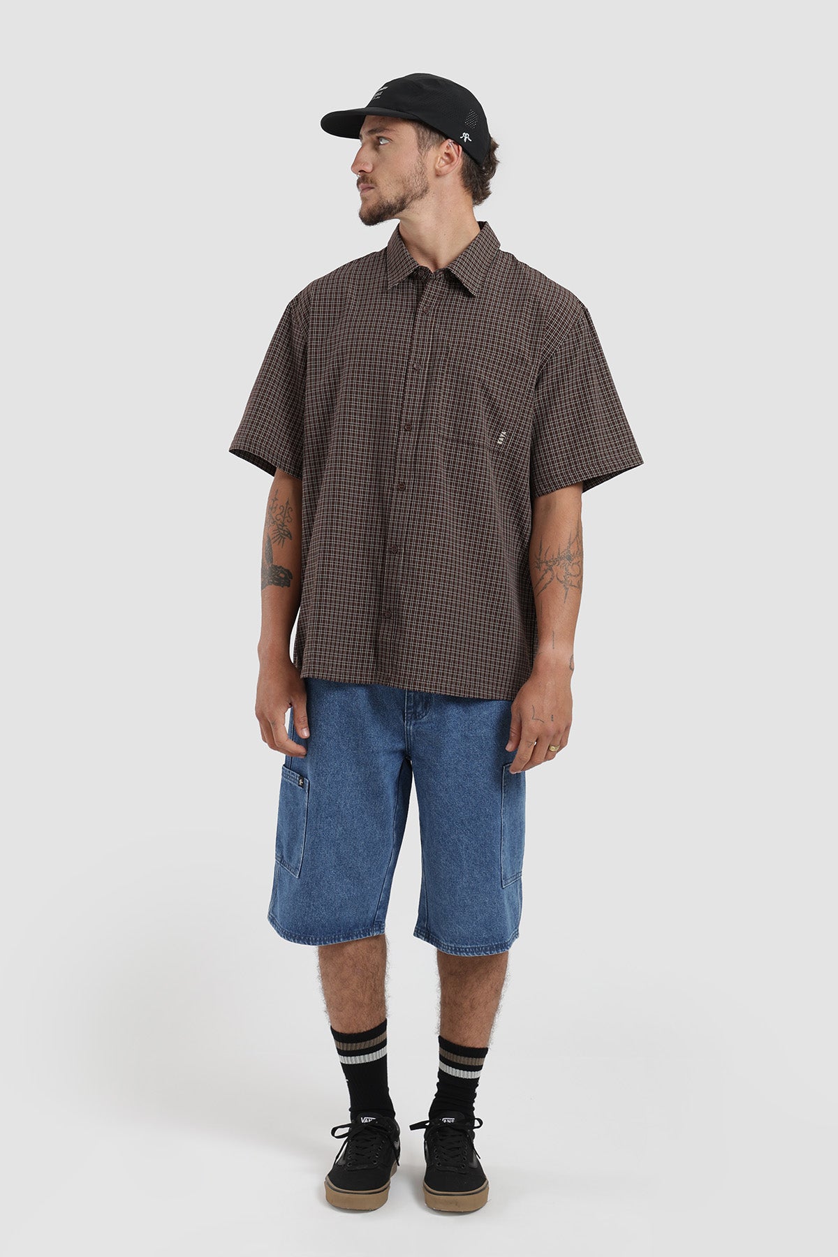 Camisa Manga Corta Cuadrillé Hombre - Café